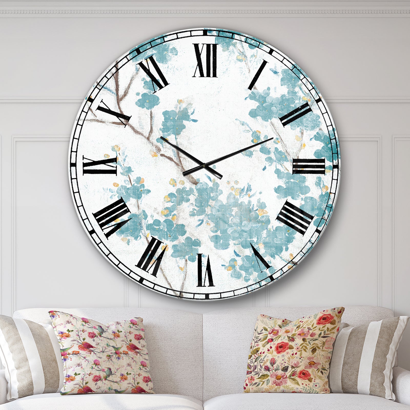 Teal Cherry Blossoms II - Traditional Floral Large Wall CLock