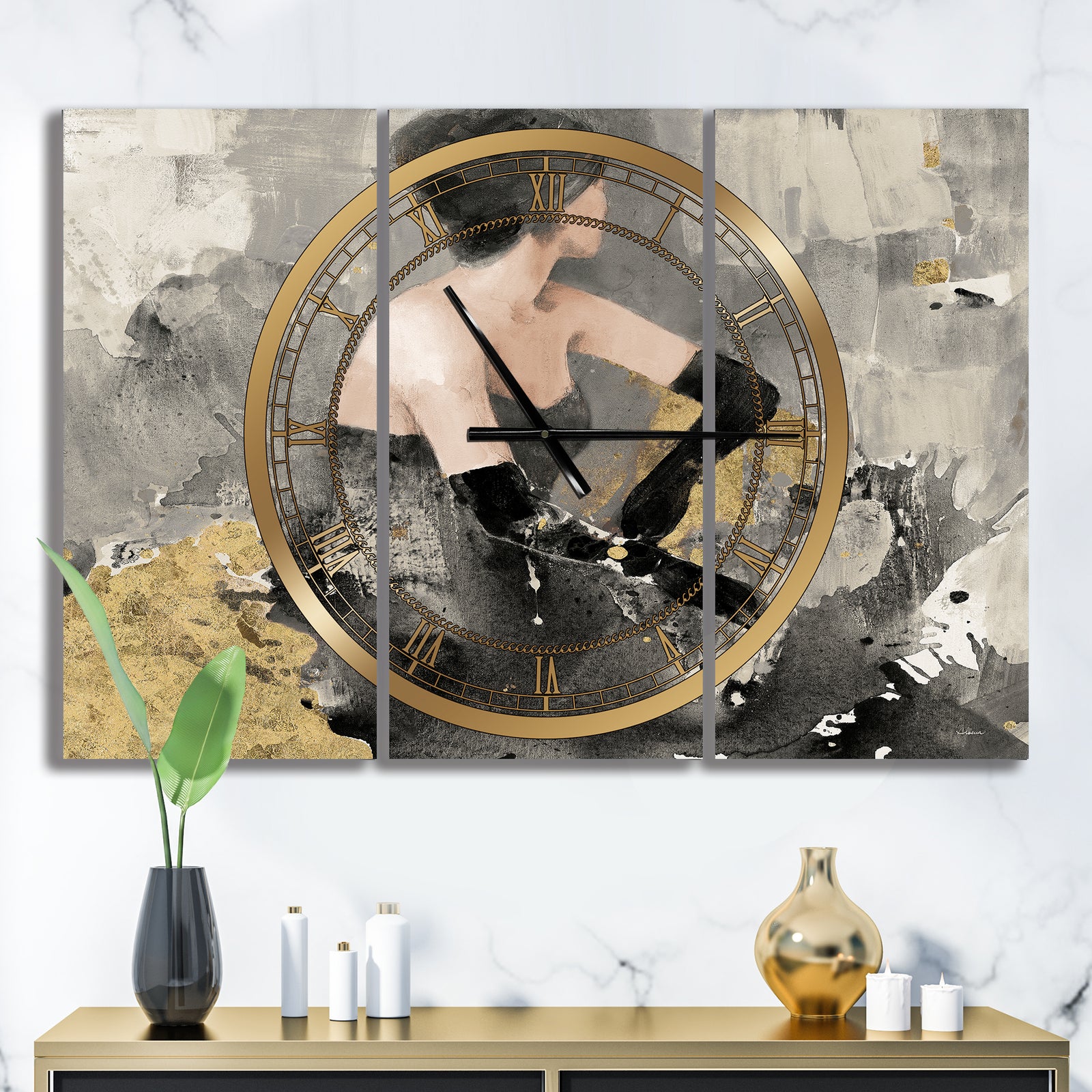 Gold Fashion Dance - Glam 3 Panels Large Wall CLock
