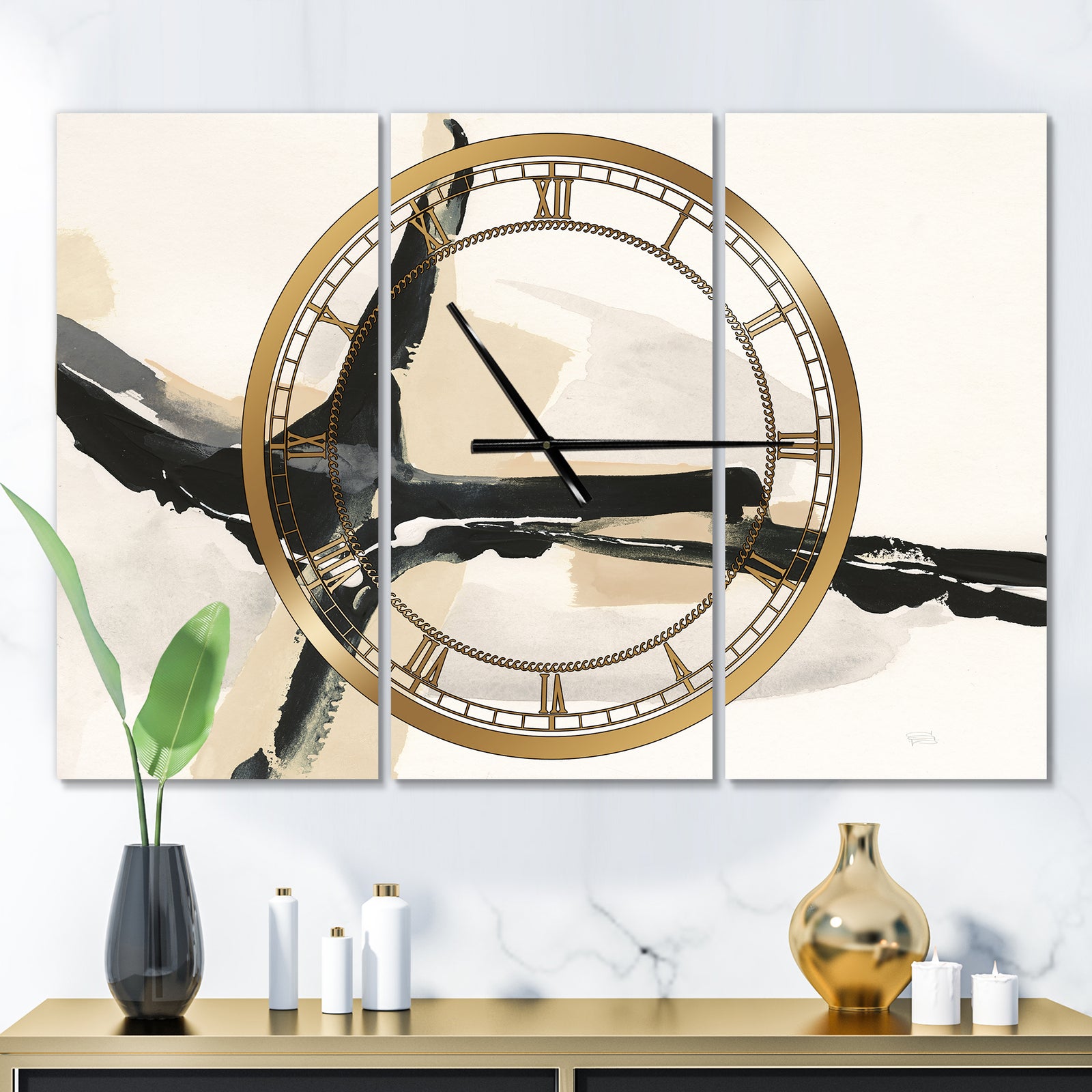 Creamy Tan Form II - Glam 3 Panels Oversized Wall CLock