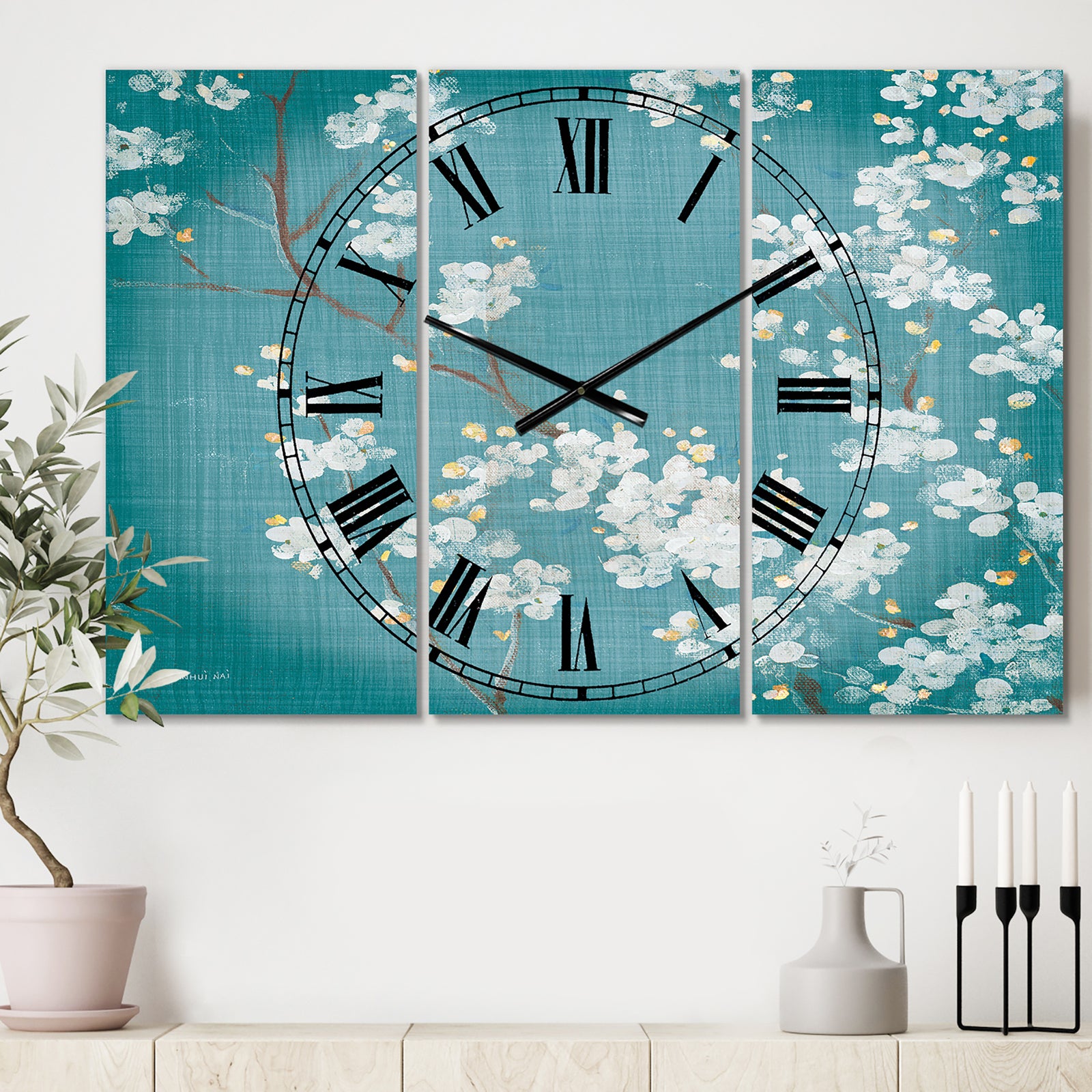 Blue Cherry Blossoms I - Cottage 3 Panels Large Wall CLock