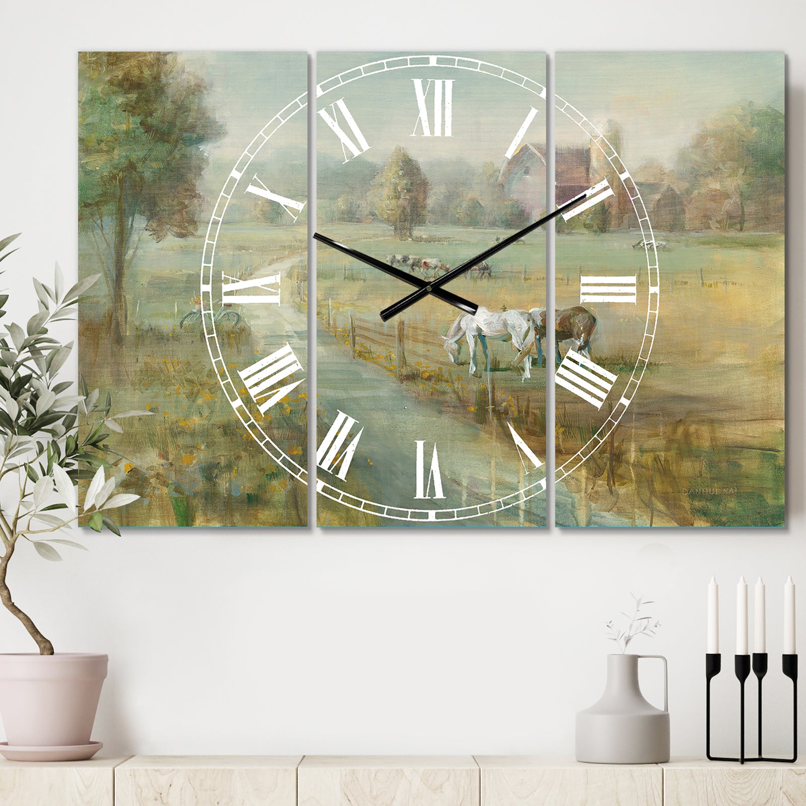 Tranquil Country Field - Cottage 3 Panels Oversized Wall CLock