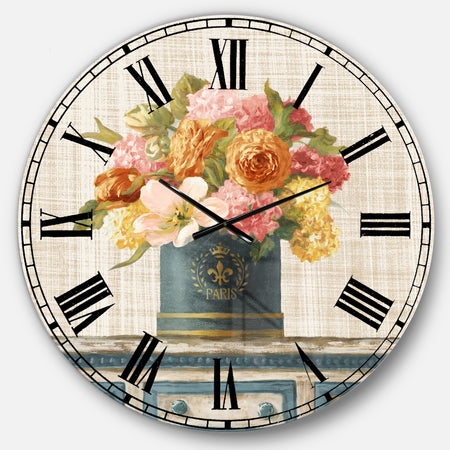 Tulips in Teal and Gold Hatbox on Linen - Cabin & Lodge Wall CLock