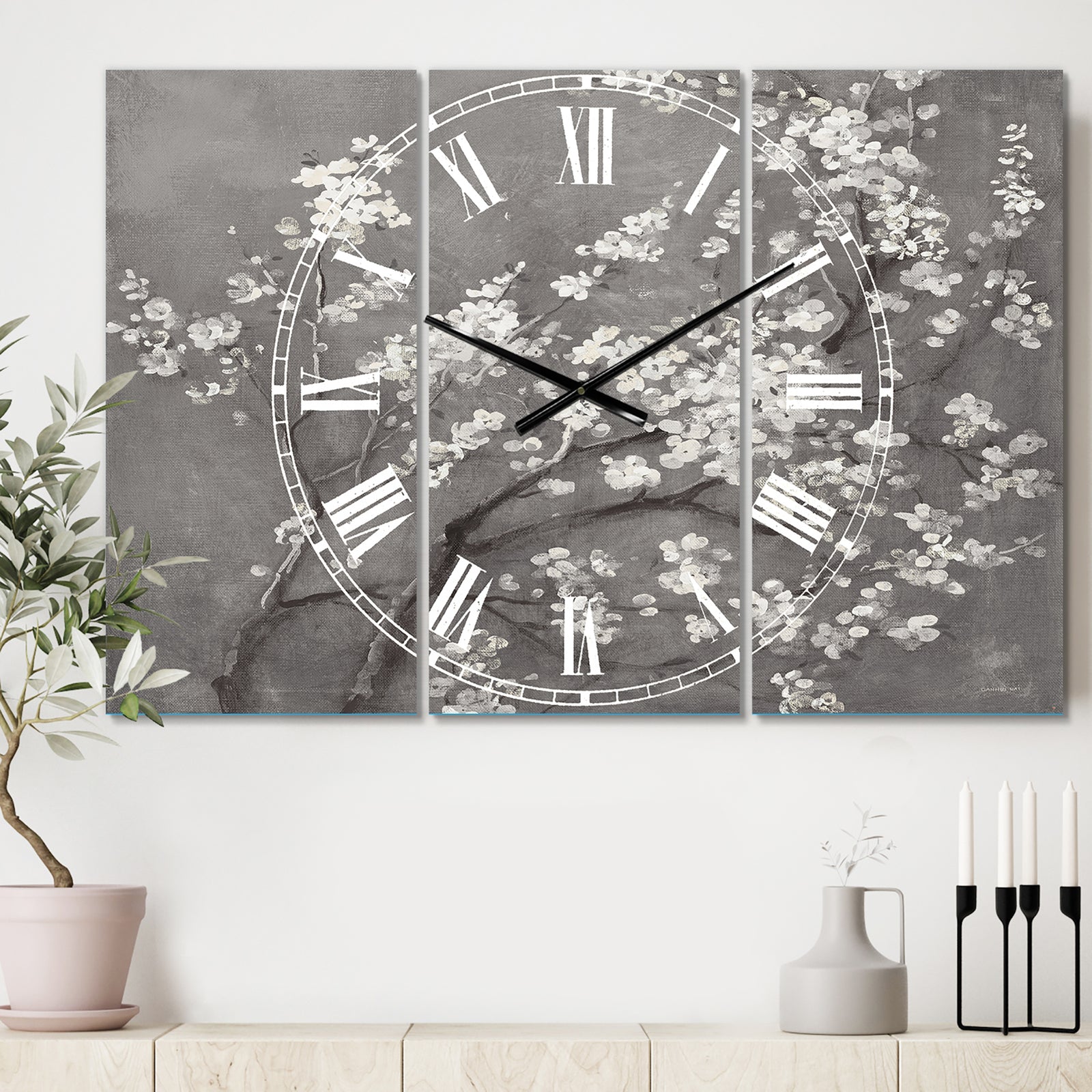 White Cherry Blossoms I - Cottage 3 Panels Large Wall CLock