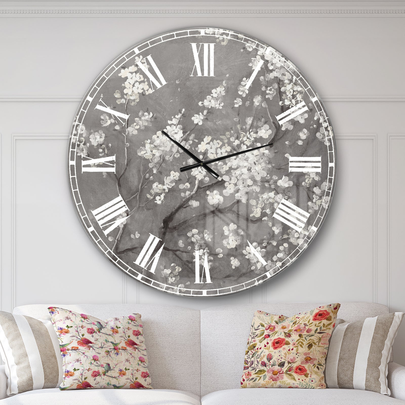 White Cherry Blossoms I - Traditional Large Wall CLock