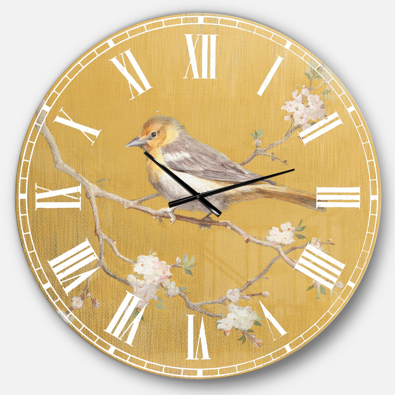 Gold Bird on Blossoms I - Farmhouse Large Wall CLock