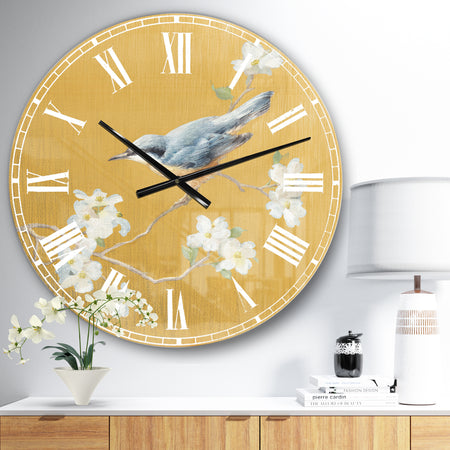 Gold Bird on Blossoms II - Farmhouse Large Wall CLock