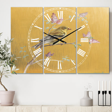 Gold Bird on Blossoms III - Cottage 3 Panels Oversized Wall CLock