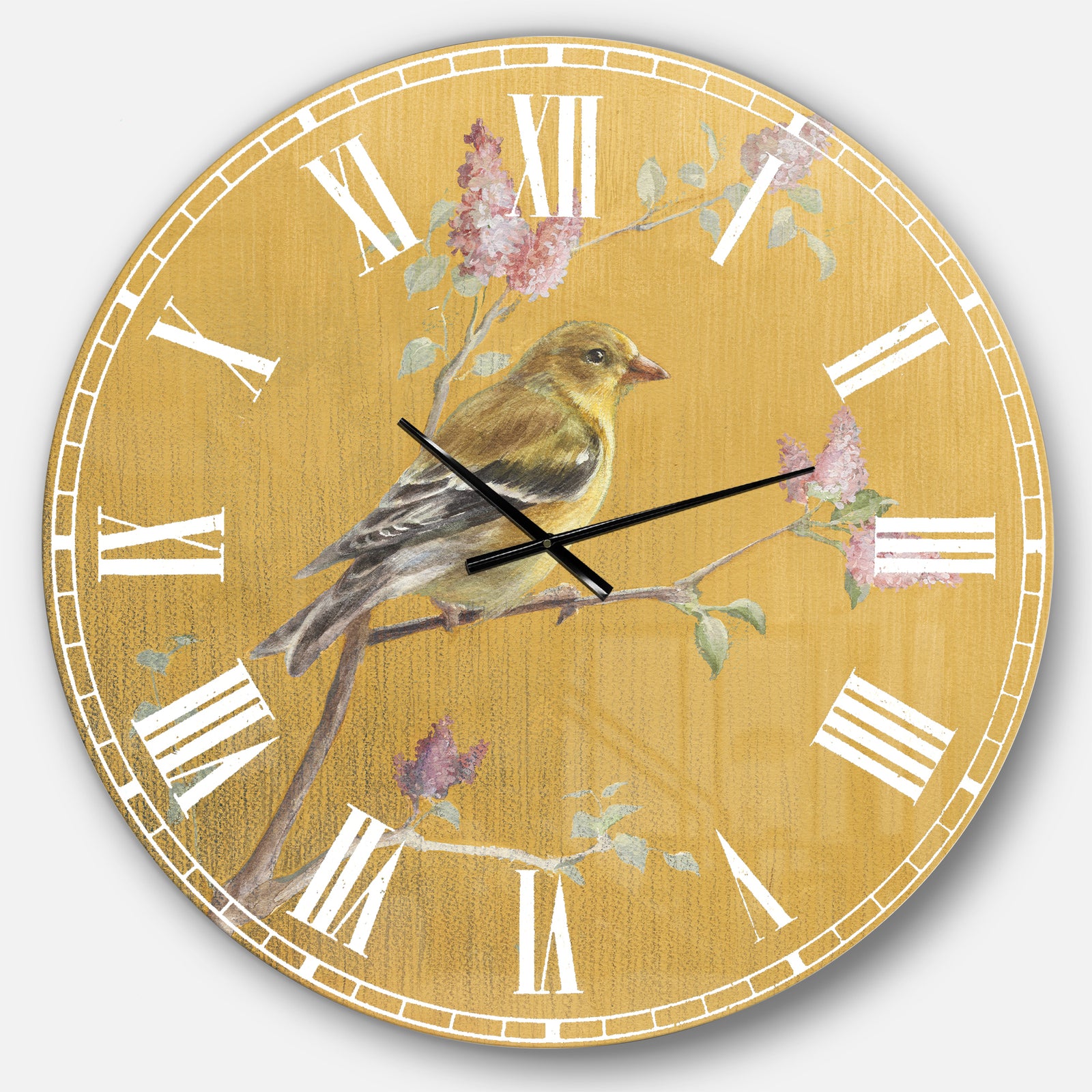 Gold Bird on Blossoms III - Farmhouse Wall CLock