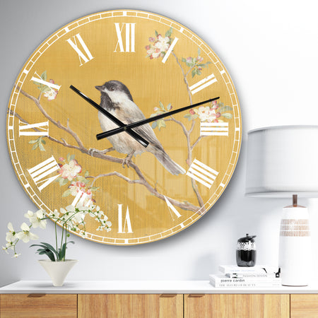 Gold Bird on Blossoms IV - Farmhouse Large Wall CLock