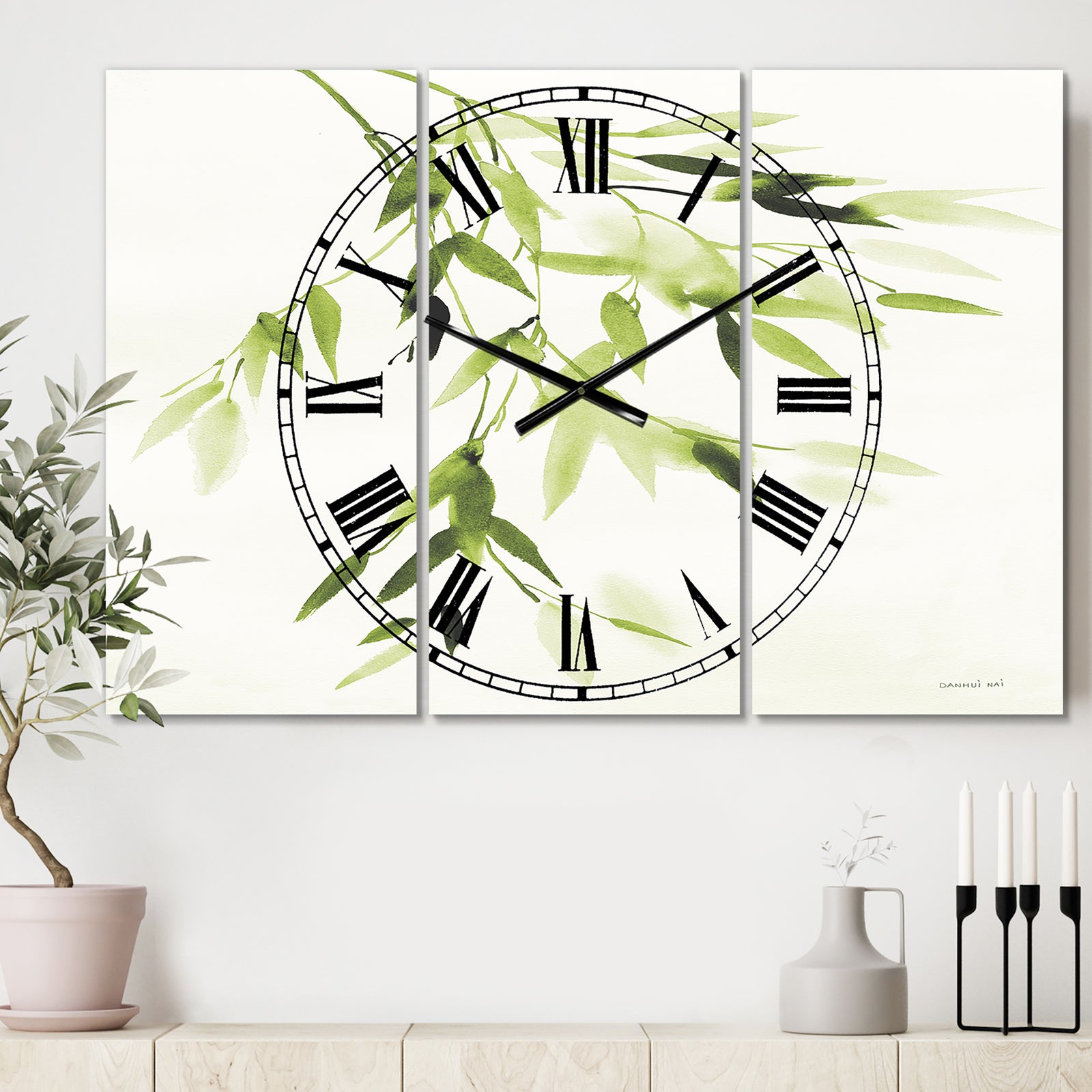 Simplist Bamboo Leaves I - Cottage 3 Panels Large Wall CLock