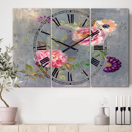 Peonies and Paisley - Cottage 3 Panels Oversized Wall CLock