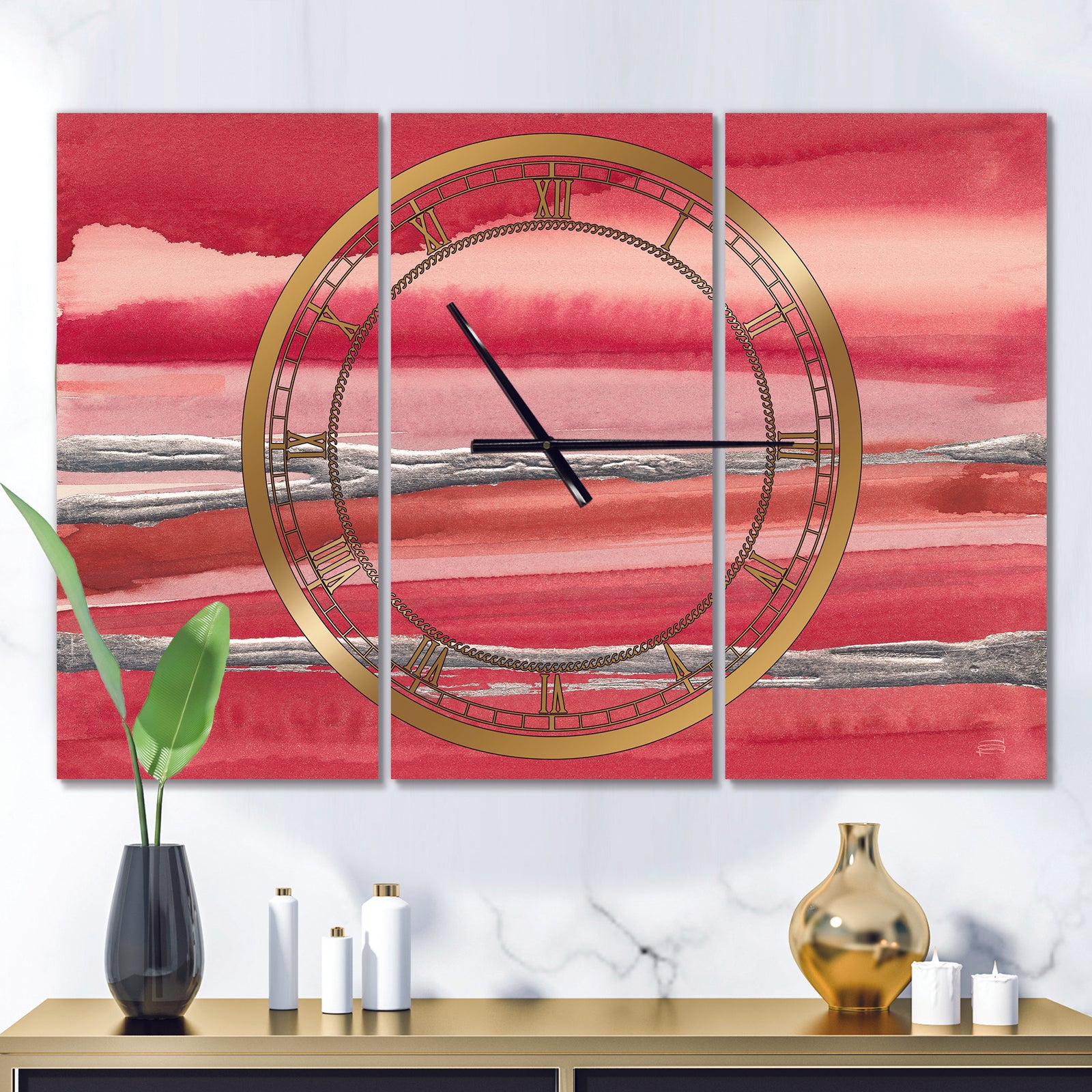 Metallic Glam on Red - Glam 3 Panels Oversized Wall CLock