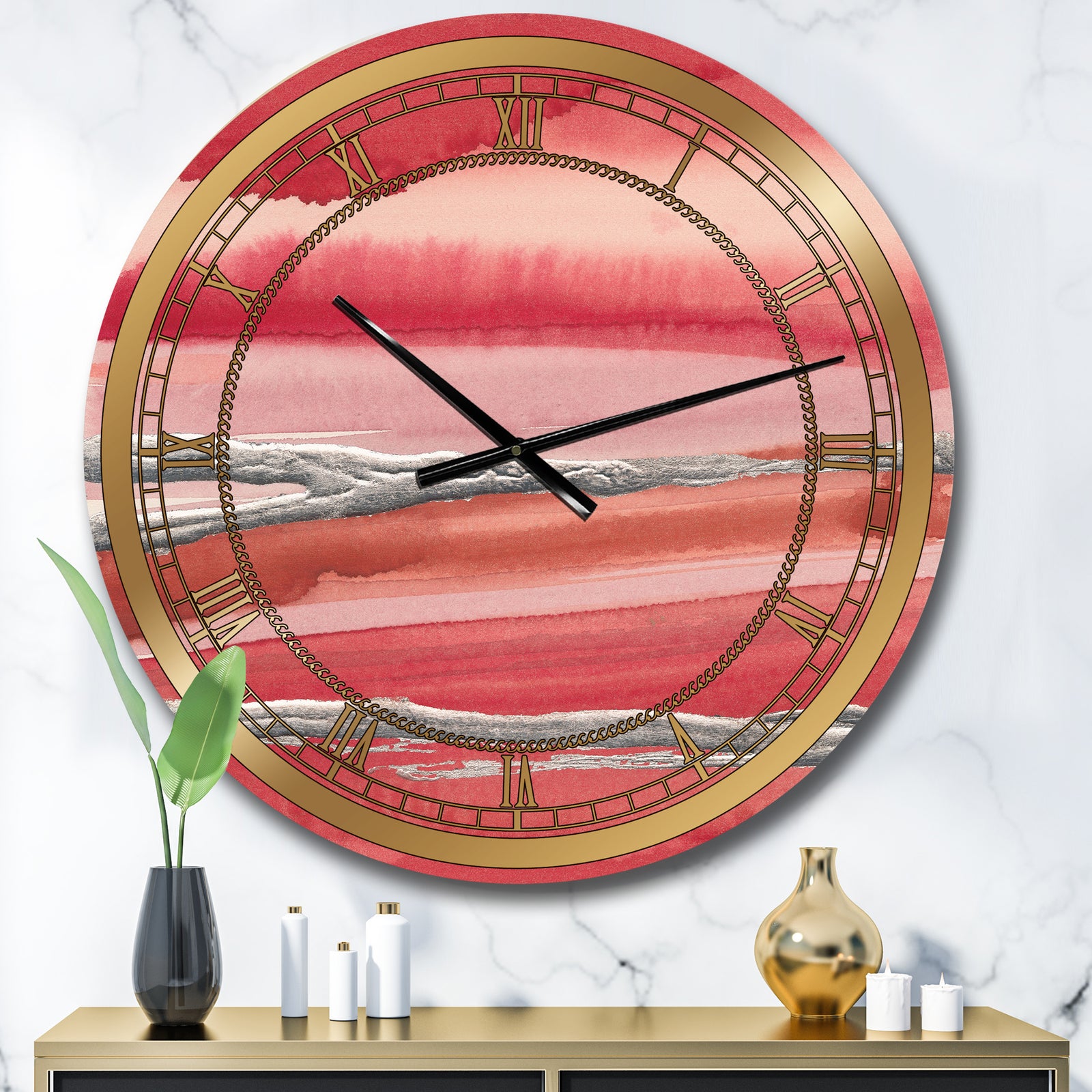 Metallic Glam on Red - Modern Glam Large Wall CLock