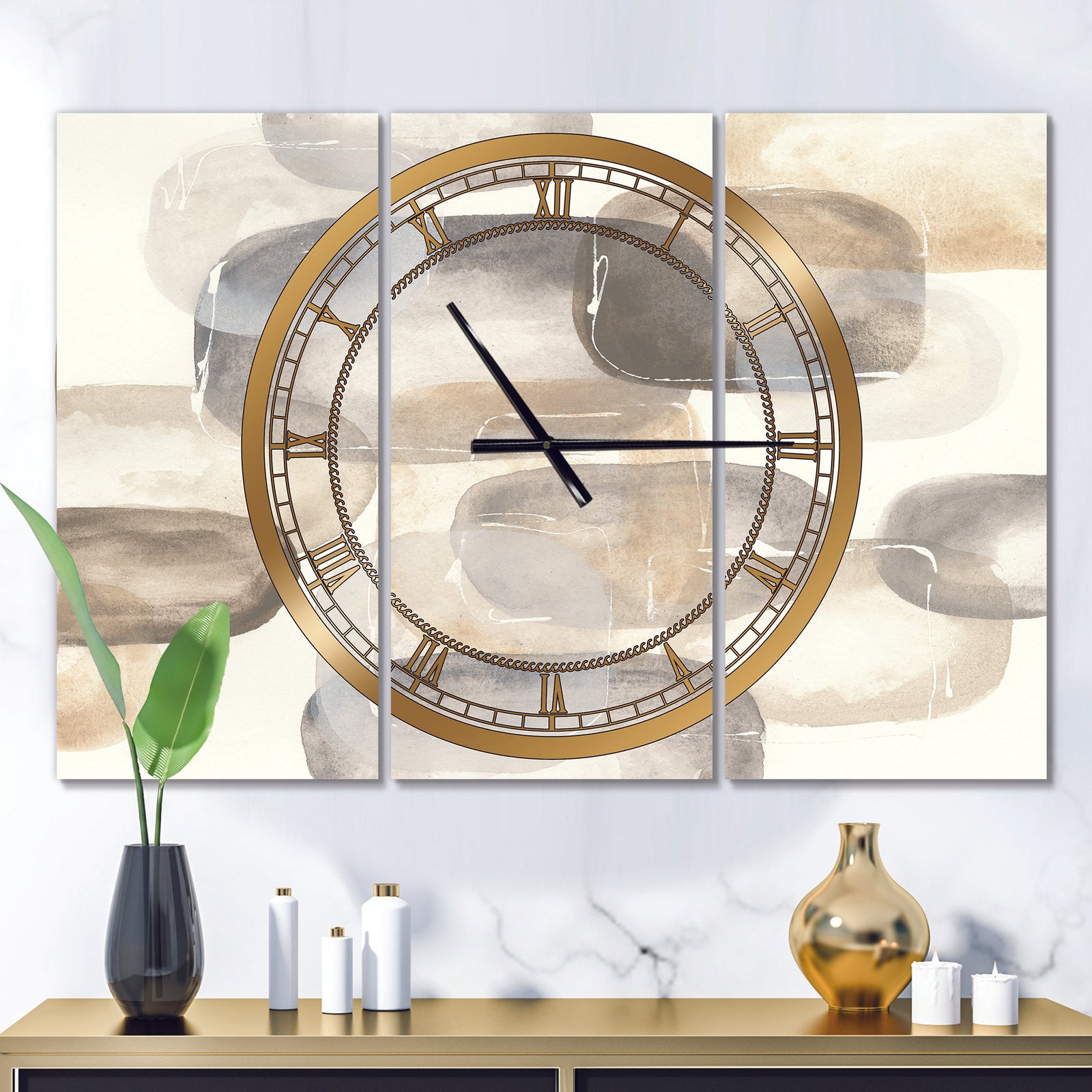 Neutral Oval Grey Stones II - Glam 3 Panels Large Wall CLock