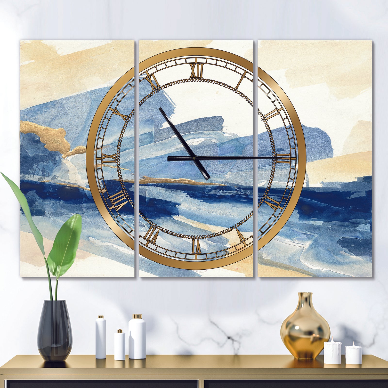 Metallic Gold Indigo I - Glam 3 Panels Oversized Wall CLock