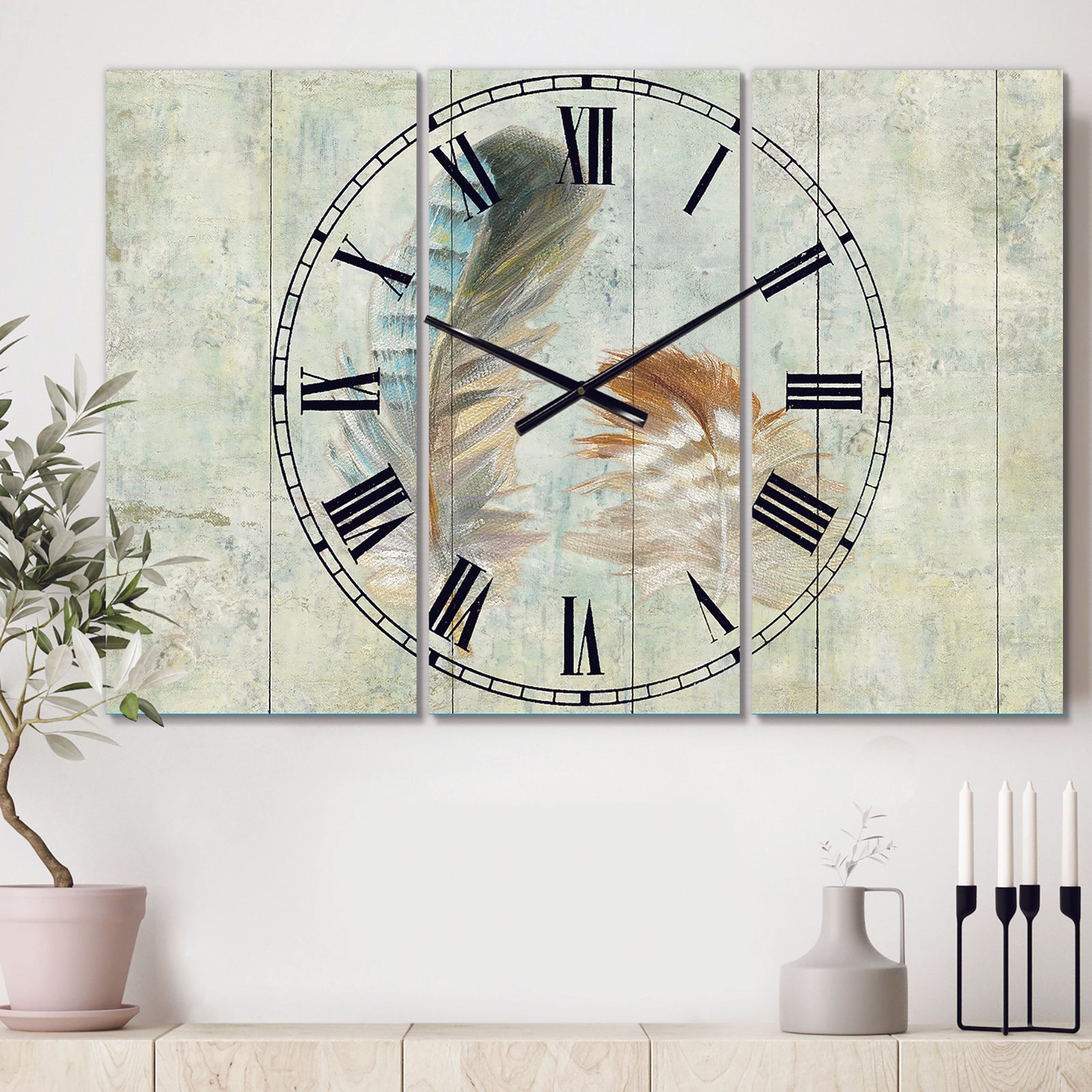 Natural Feathers on Wood I - Cottage 3 Panels Large Wall CLock