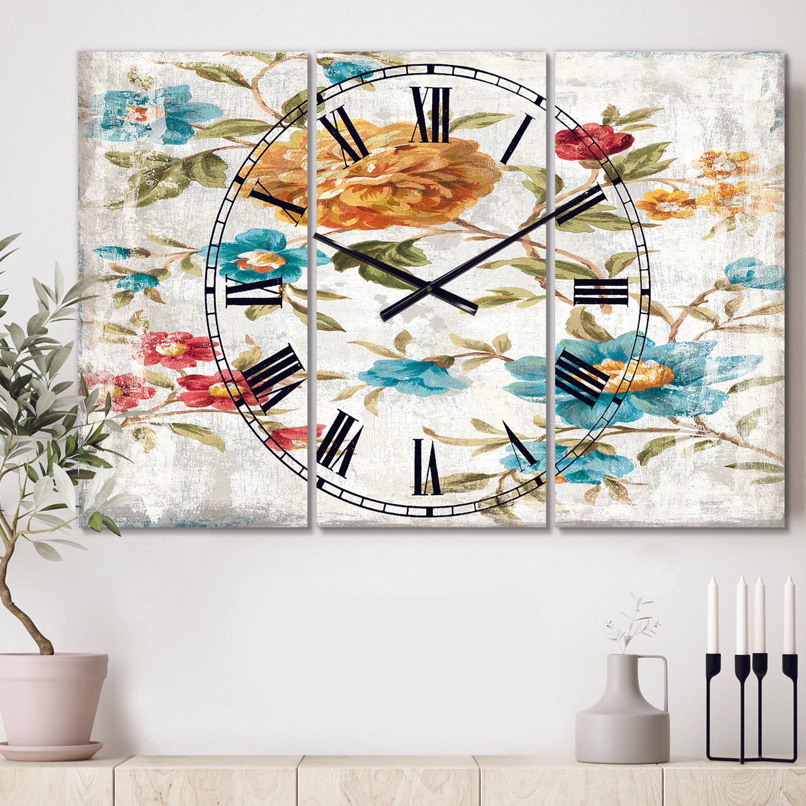 Golden Flowers - Cottage 3 Panels Oversized Wall CLock