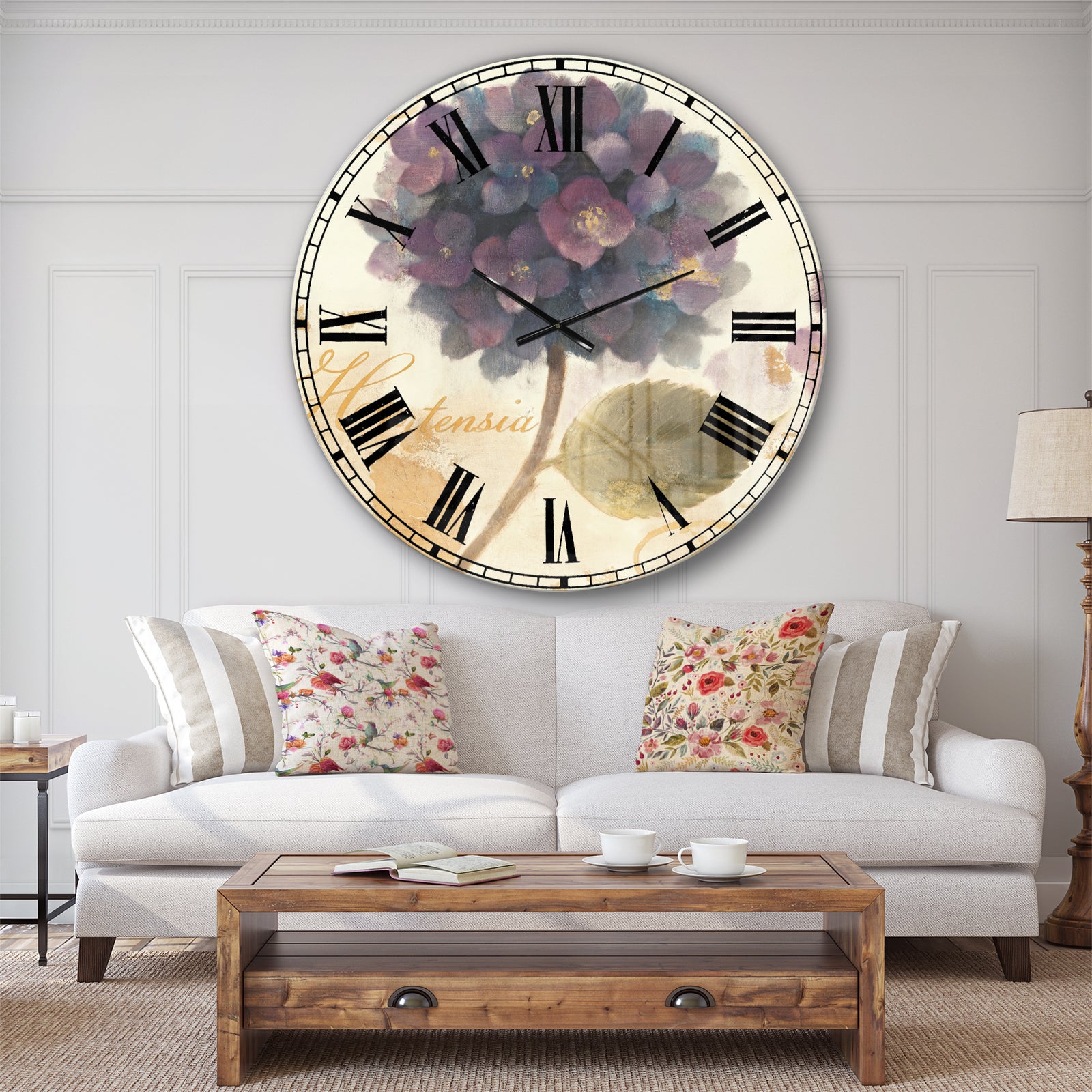 Abundant Hydrangea Flower I - Floral Cottage Large Wall CLock