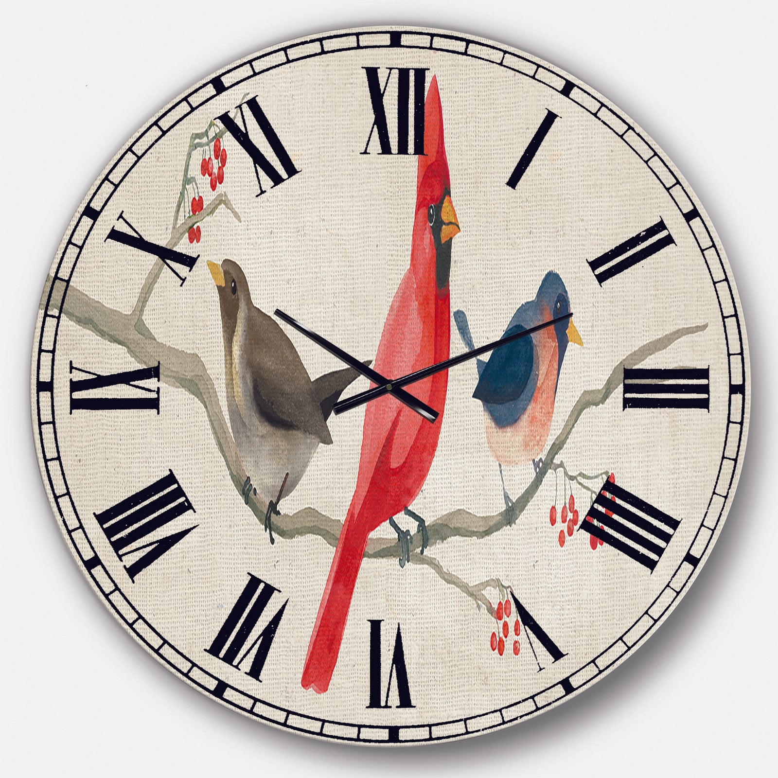 Red Farmhouse Bird on Branch Painting - Modern Farmhouse Wall CLock