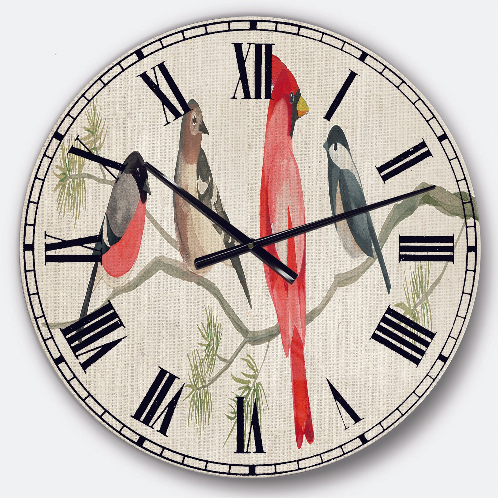 Chickadee And Red Farmhouse Bird on Branch - Modern Farmhouse Large Wall CLock