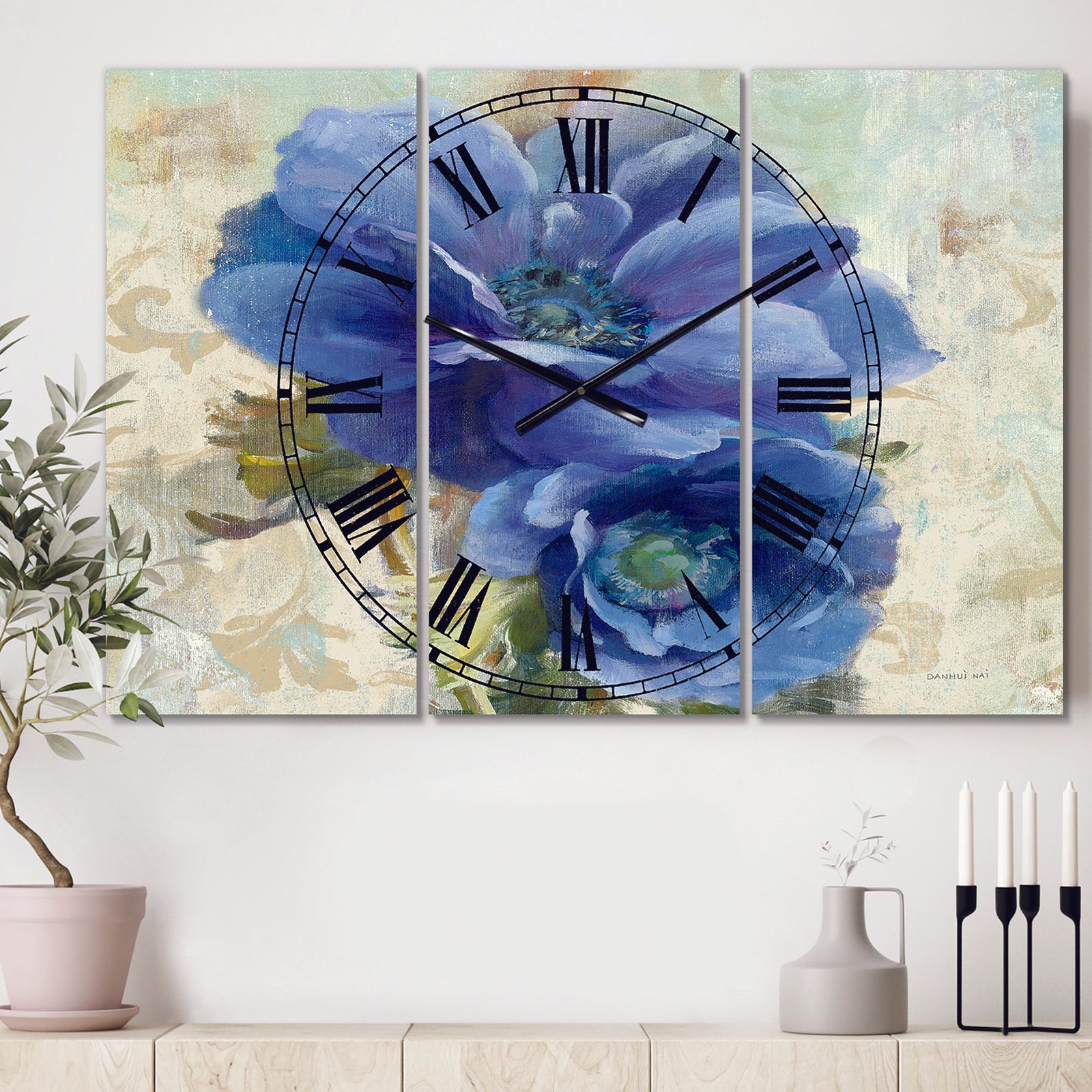Blue Anemone Flower - Cottage 3 Panels Oversized Wall CLock