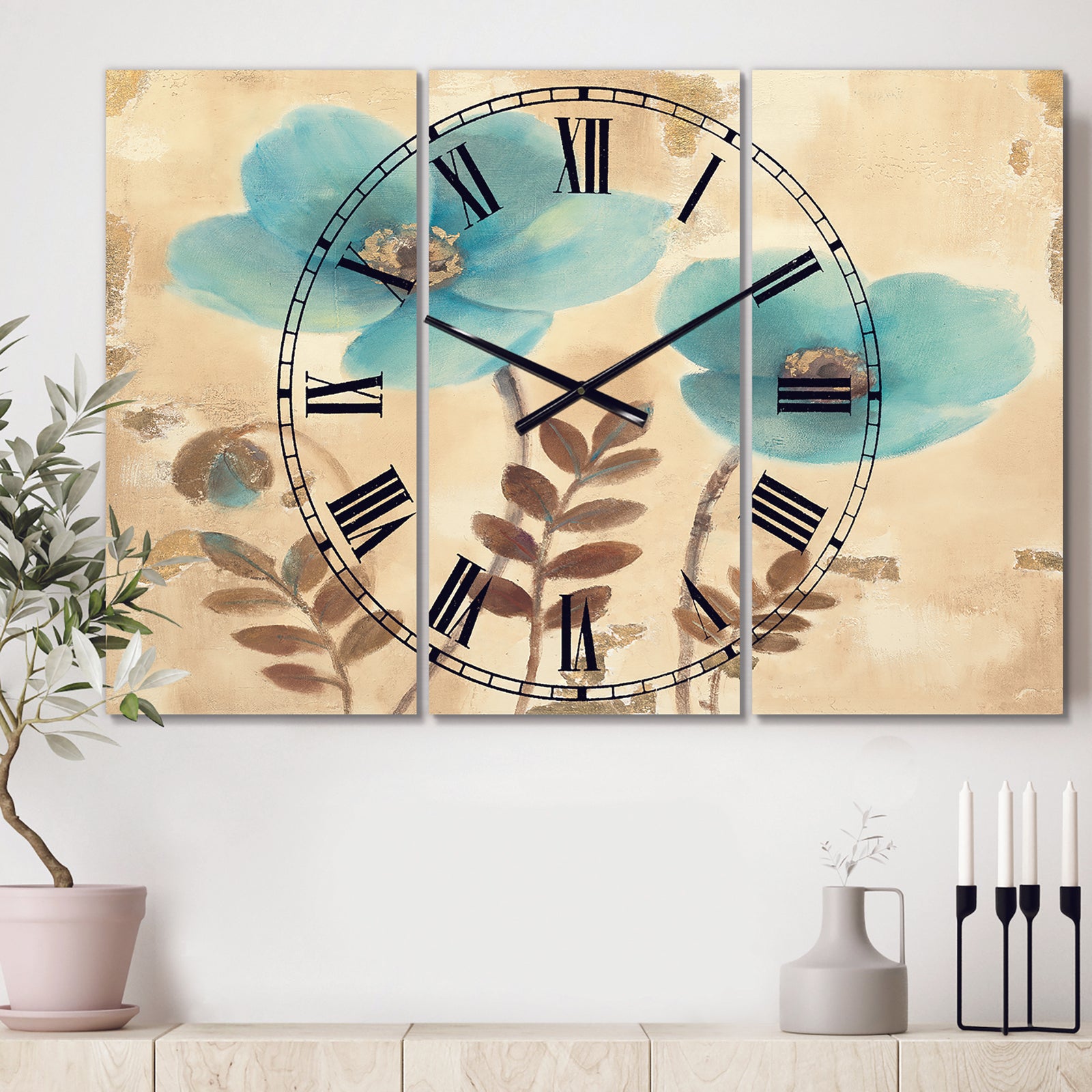 Blue Poppies Cottage Flowers I - Cottage 3 Panels Large Wall CLock