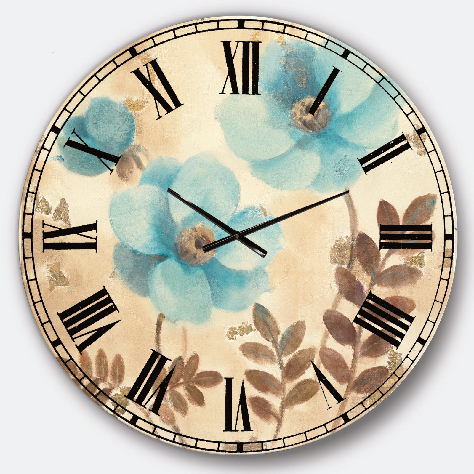 Blue Poppies Cottage Flowers II - Farmhouse Large Wall CLock