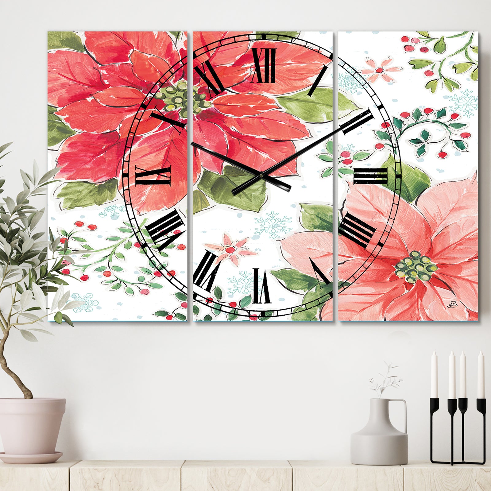 Country Flower snowflakes III - Cottage 3 Panels Large Wall CLock