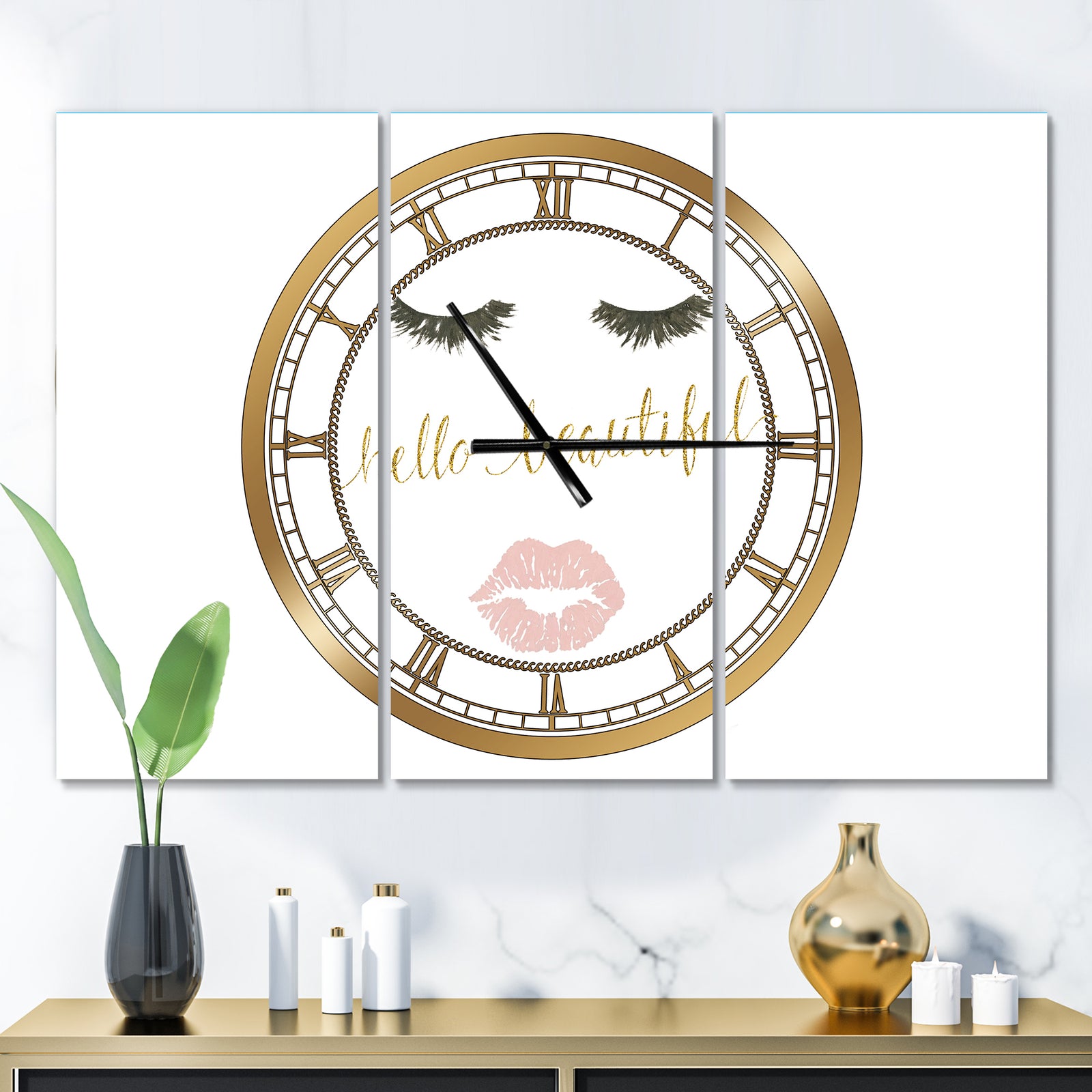 fashion Glam Lips on Gold I - Glam 3 Panels Oversized Wall CLock