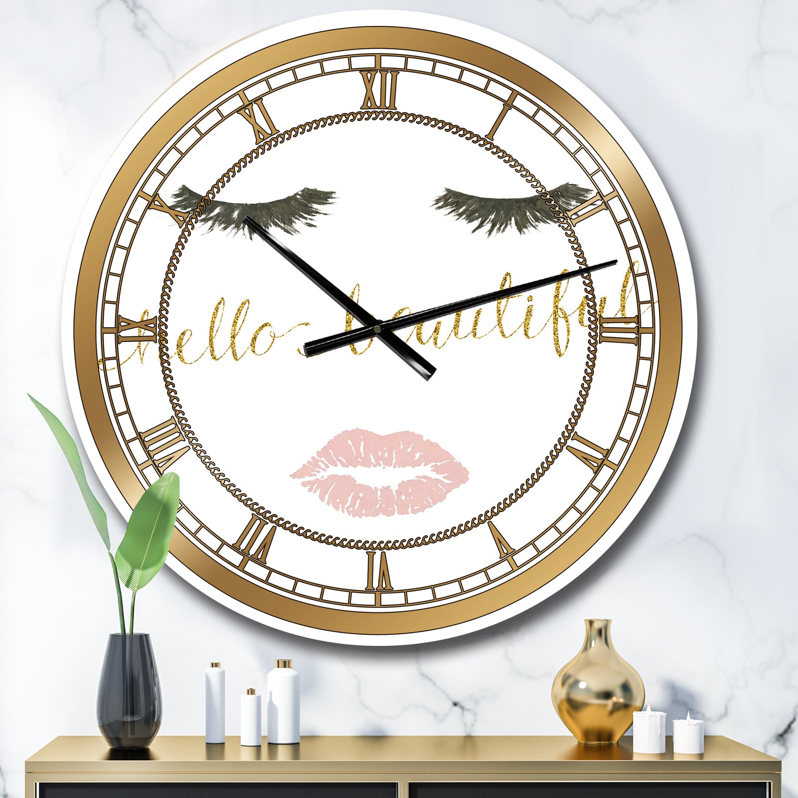 fashion Glam Lips on Gold I - Posh & Luxe Wall CLock