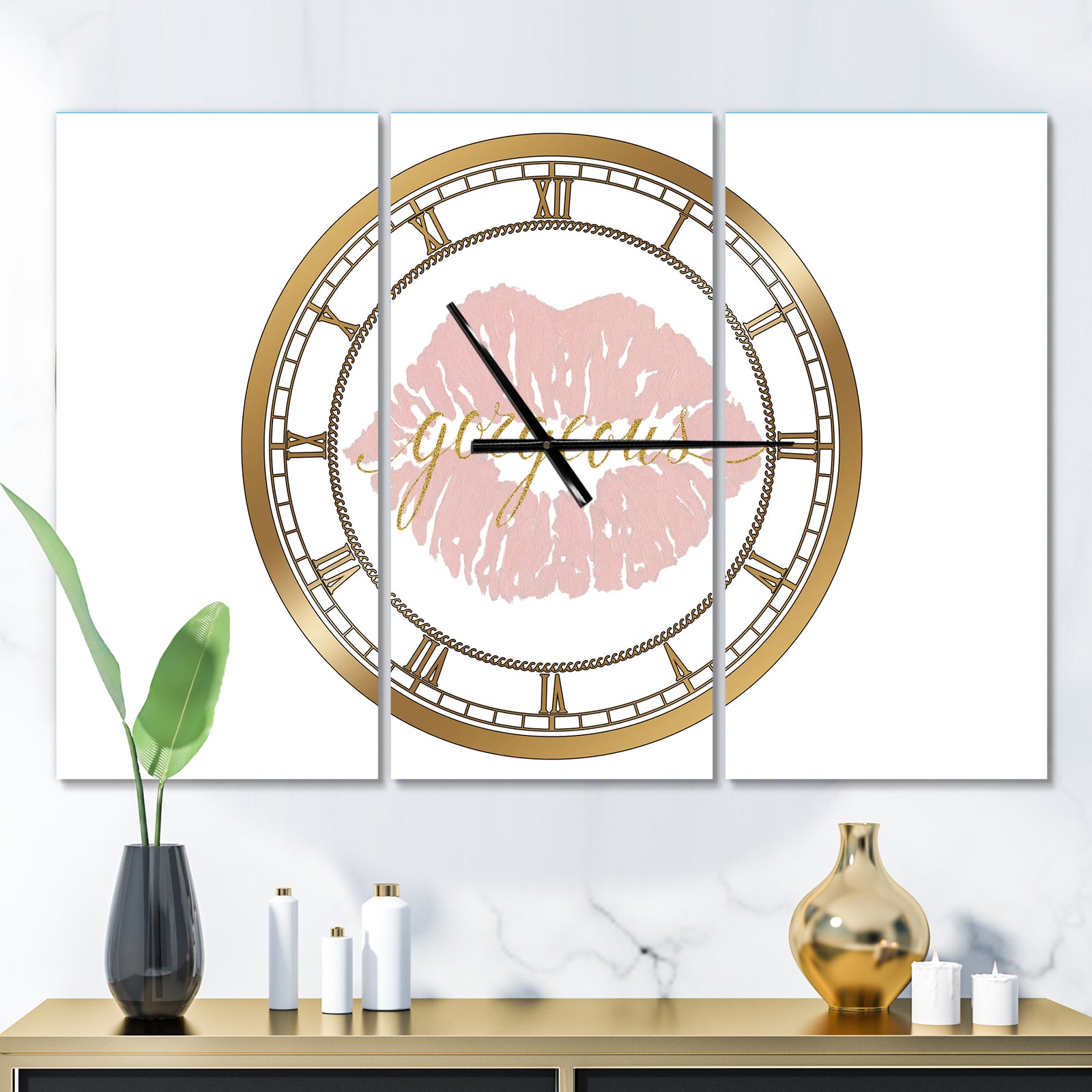 fashion Glam Lips on Gold II - Glam 3 Panels Large Wall CLock