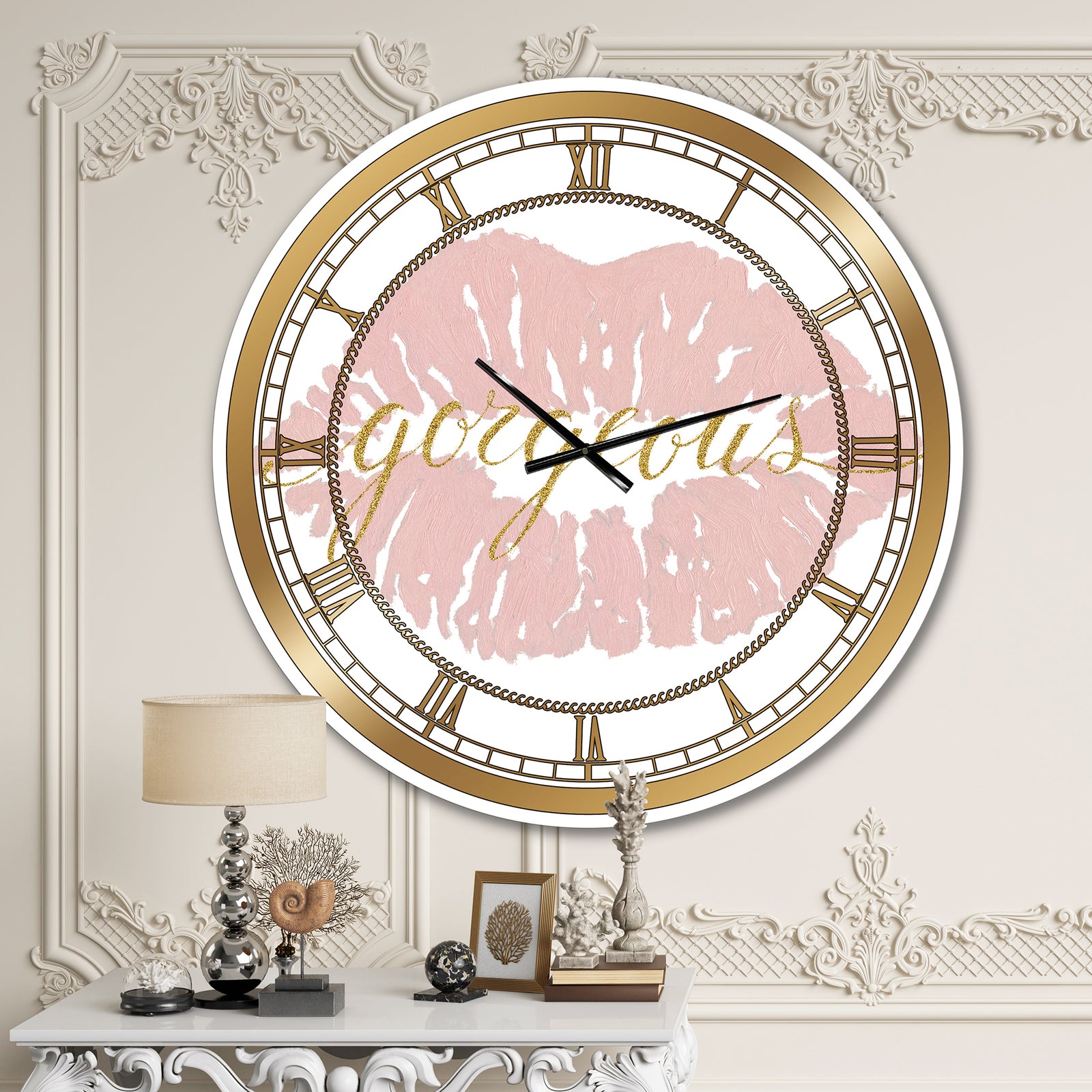 fashion Glam Lips on Gold II - Posh & Luxe Large Wall CLock