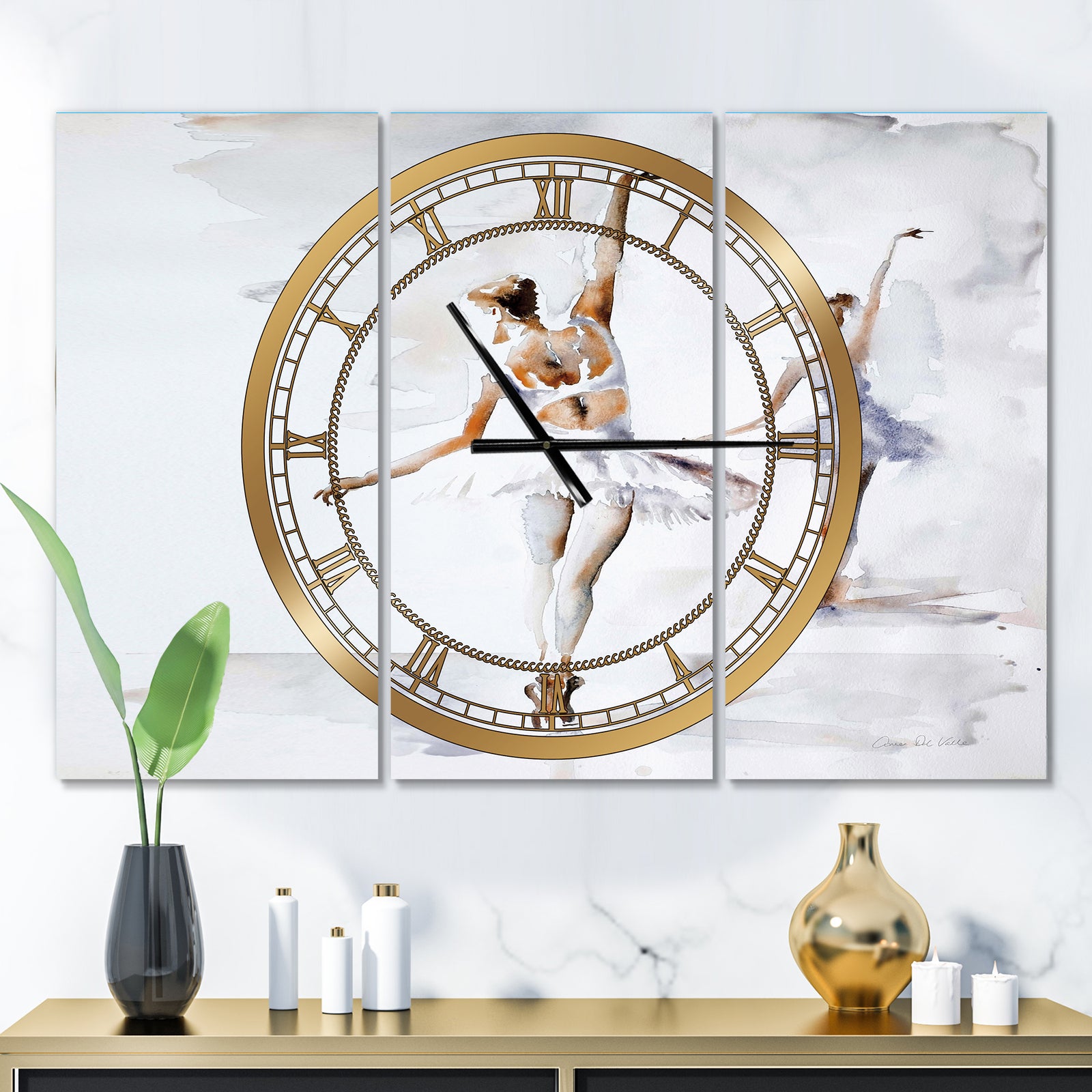 watercolors Ballerinas Dance II - Glam 3 Panels Oversized Wall CLock