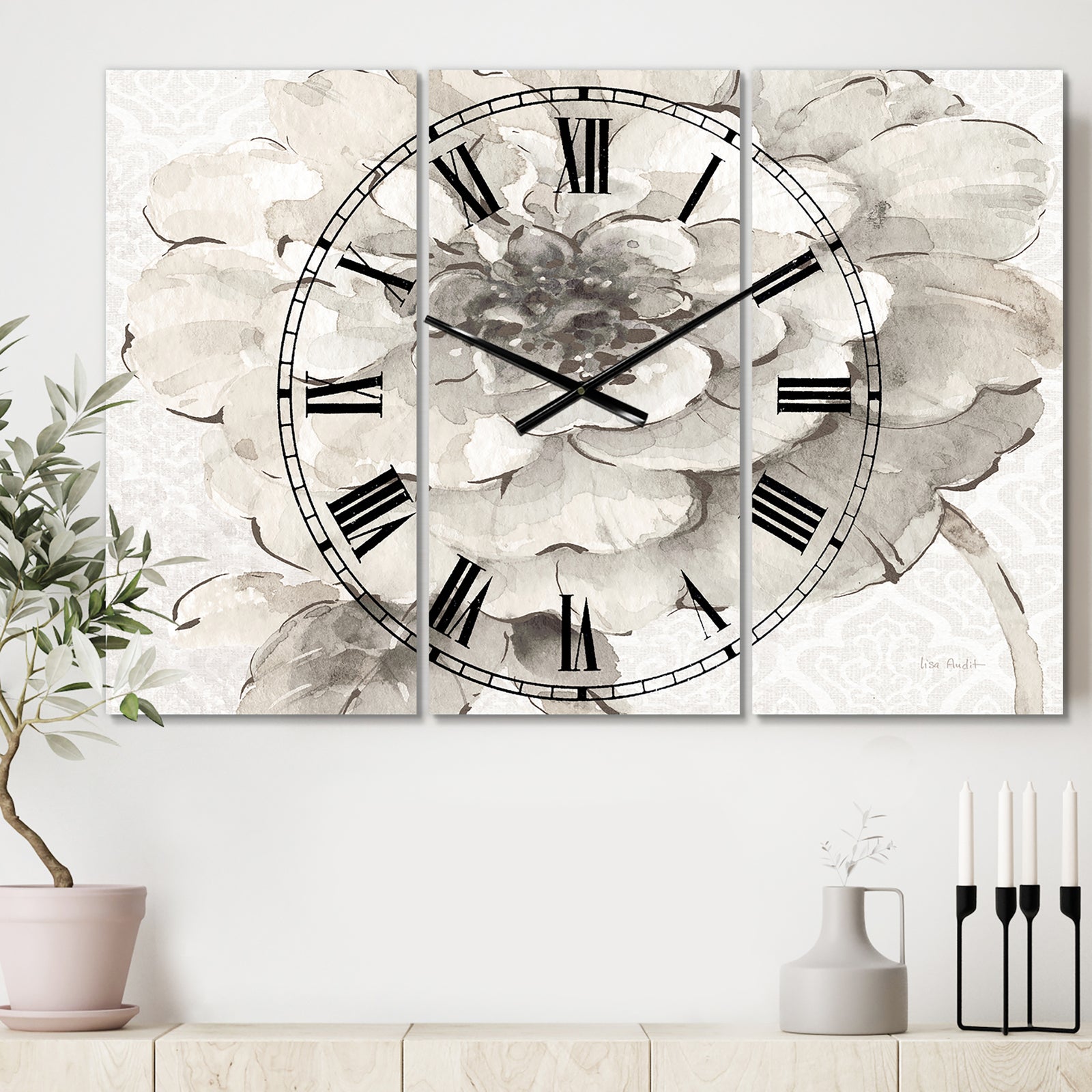 Indigold Grey Peonies I - Cottage 3 Panels Oversized Wall CLock
