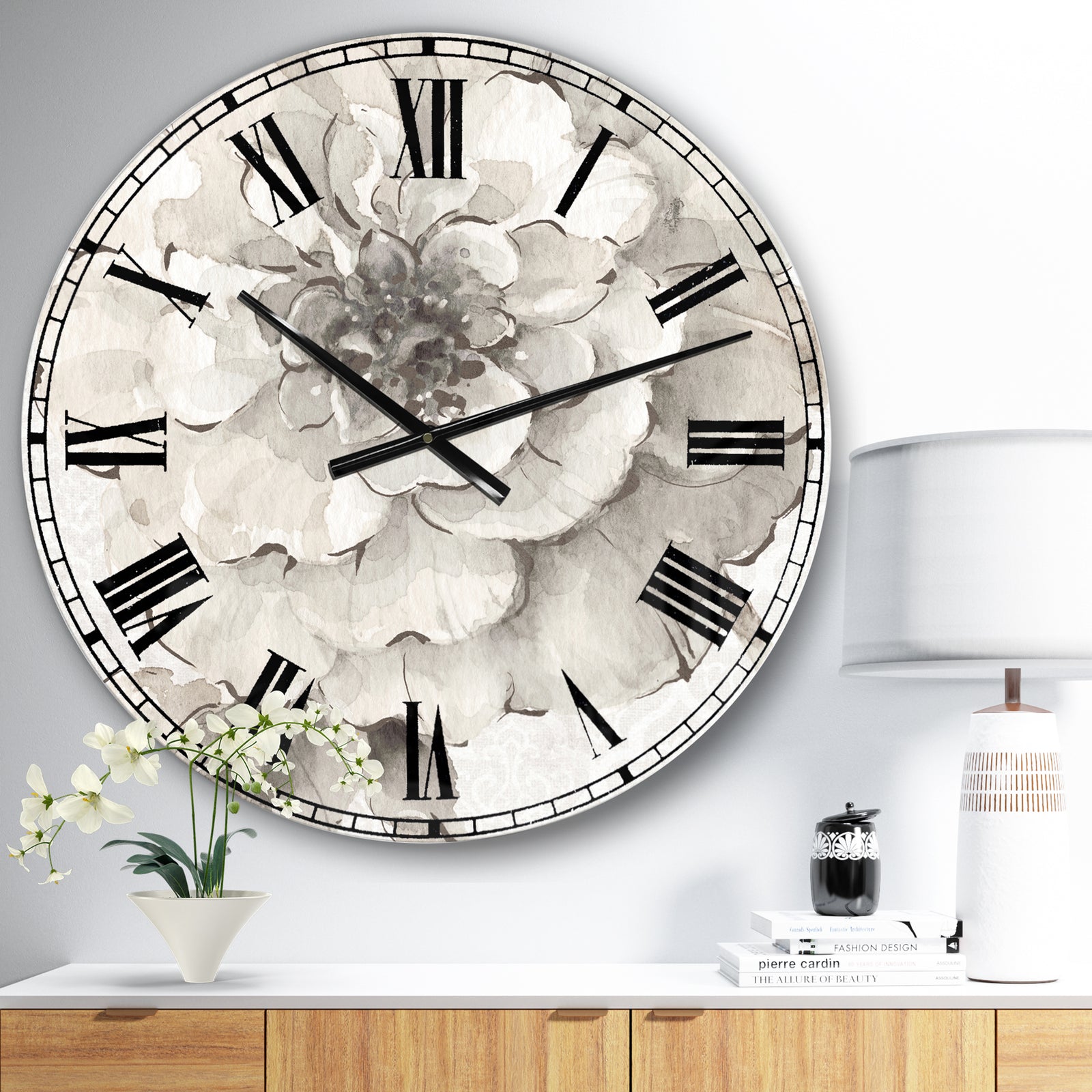 Indigold Grey Peonies I - Farmhouse Large Wall CLock