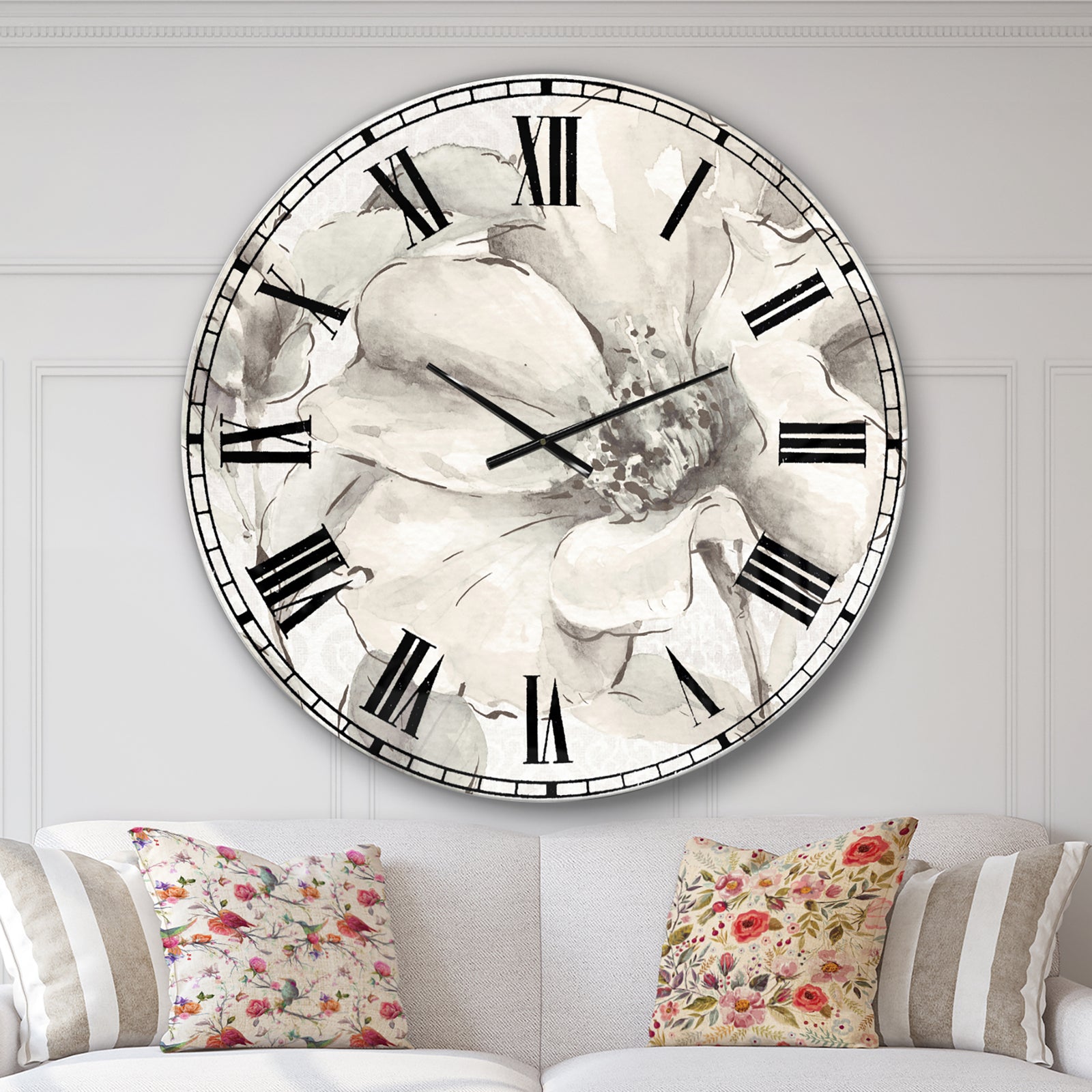 Indigold Grey Peonies IV - Farmhouse Oversized Wall CLock