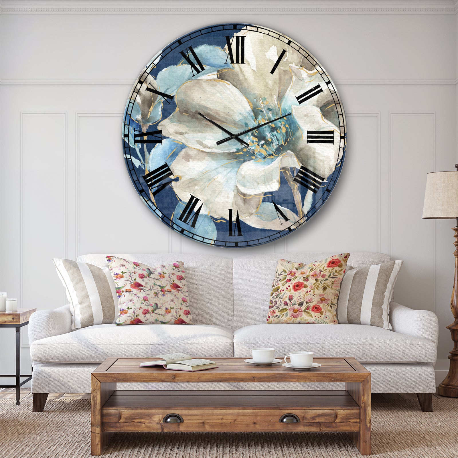 Indigold Watercolor Flower I - Farmhouse Oversized Wall CLock