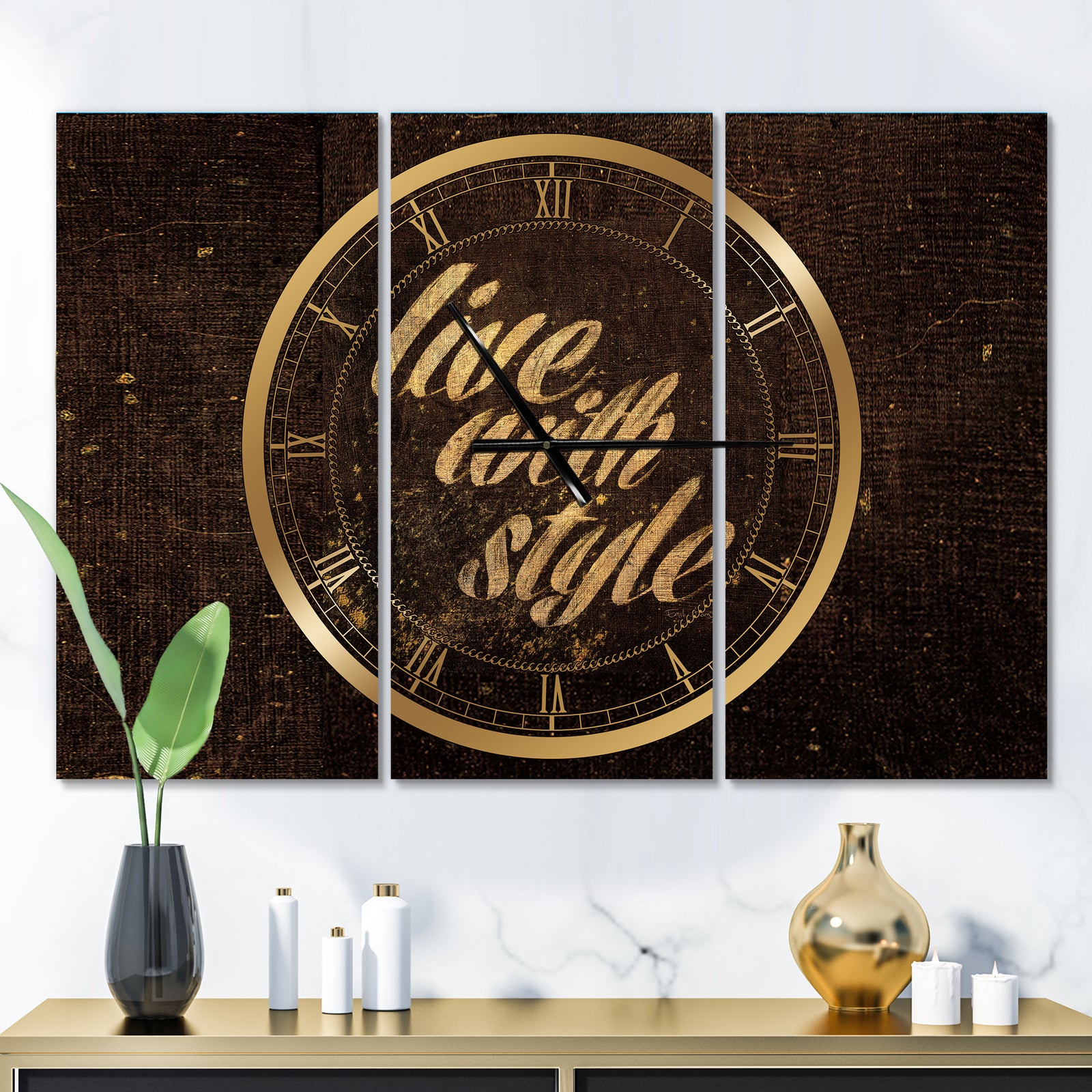 Gold Glam Live with Style Quotes - Glam 3 Panels Oversized Wall CLock
