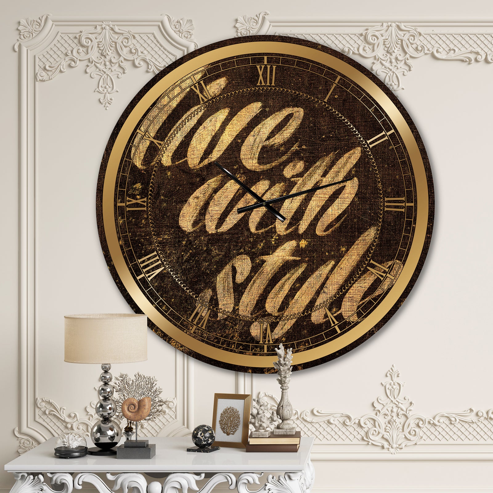 Gold Glam Live with Style Quotes - Glam Large Wall CLock