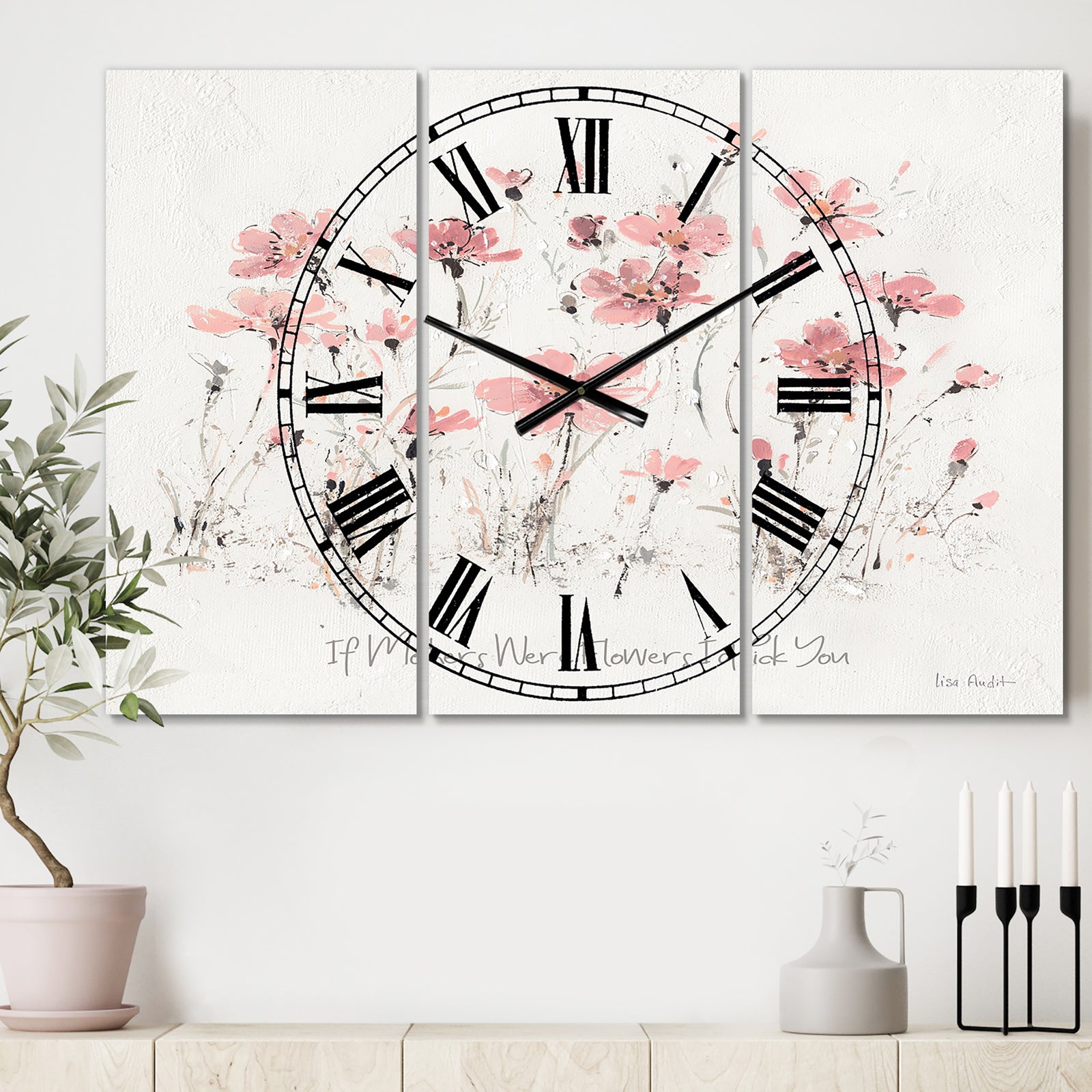 Wildflowers III - Cottage 3 Panels Large Wall CLock