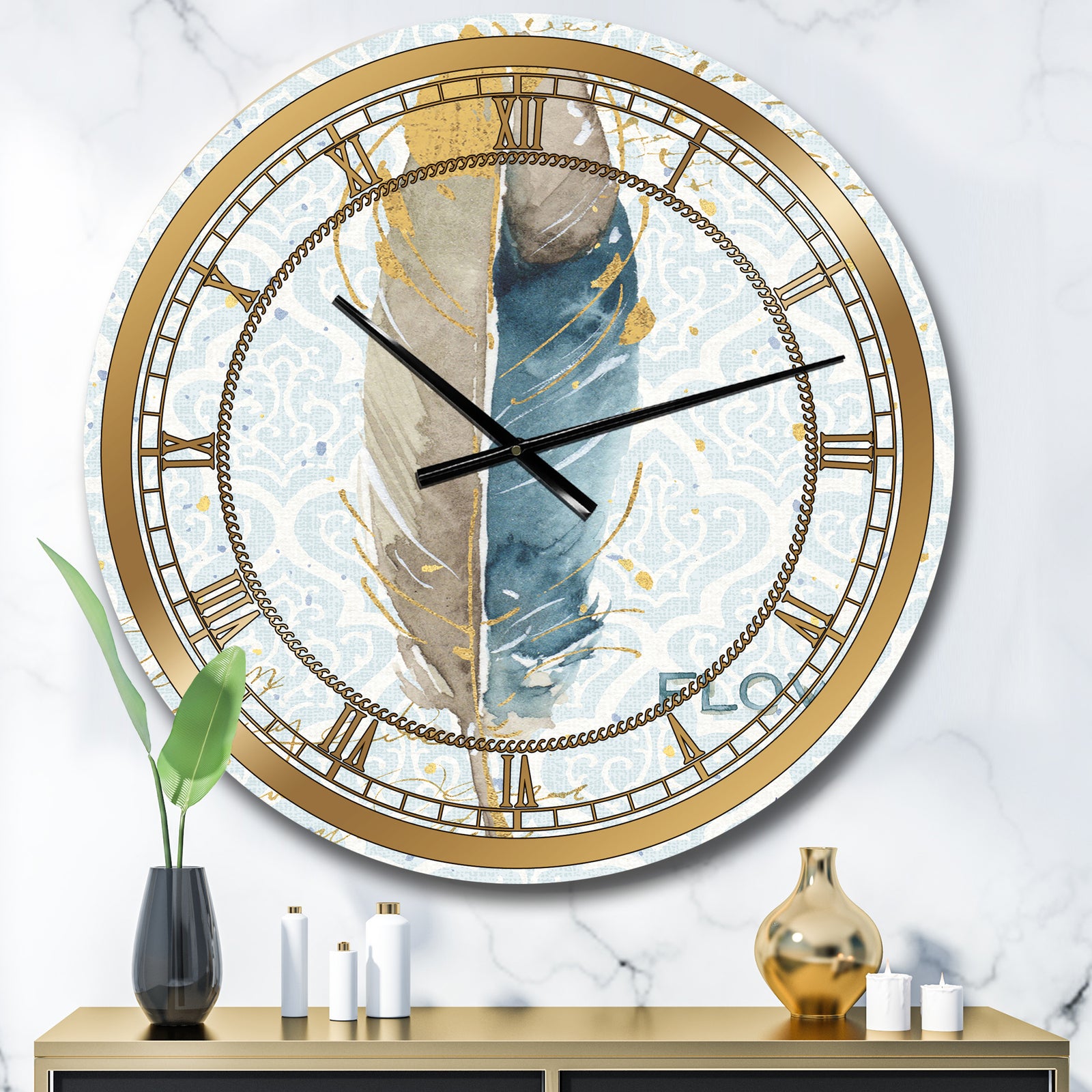 Fields of Gold Watercolor Flower IV - Glam Large Wall CLock