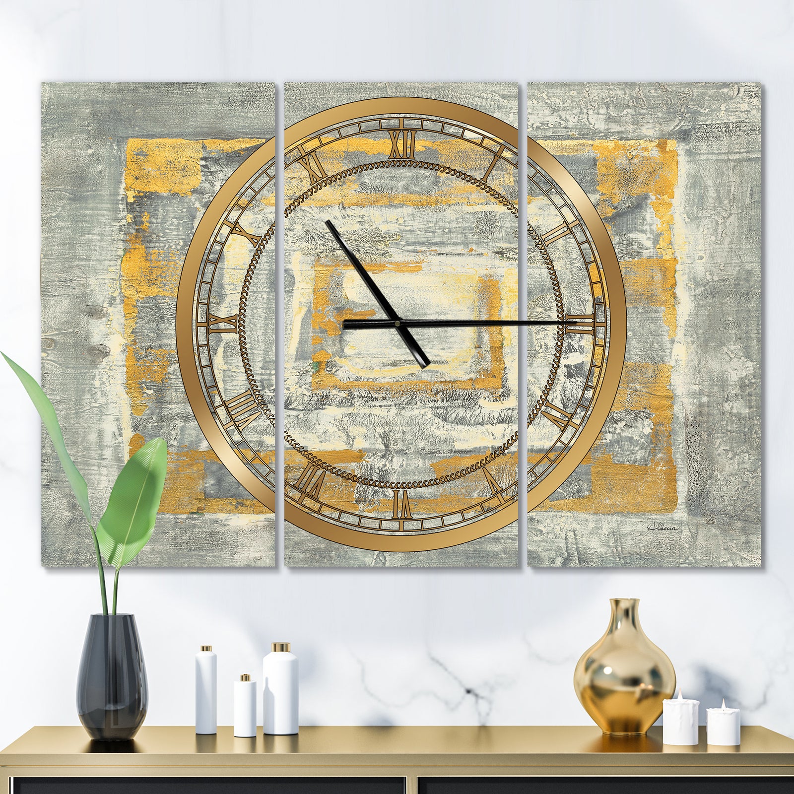 Gold Glam on Grey Tapestry I - Glam 3 Panels Large Wall CLock