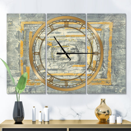 Gold Glam on Grey Tapestry II - Glam 3 Panels Large Wall CLock