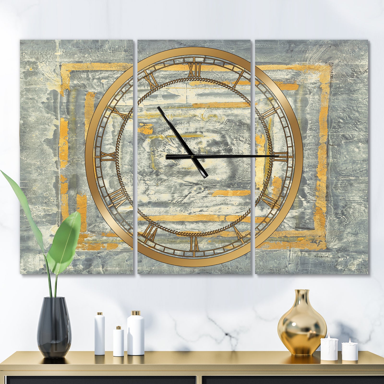 Gold Glam on Grey Tapestry II - Glam 3 Panels Large Wall CLock