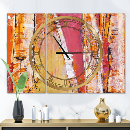 Orange Glam Natural Wood - Glam 3 Panels Oversized Wall CLock