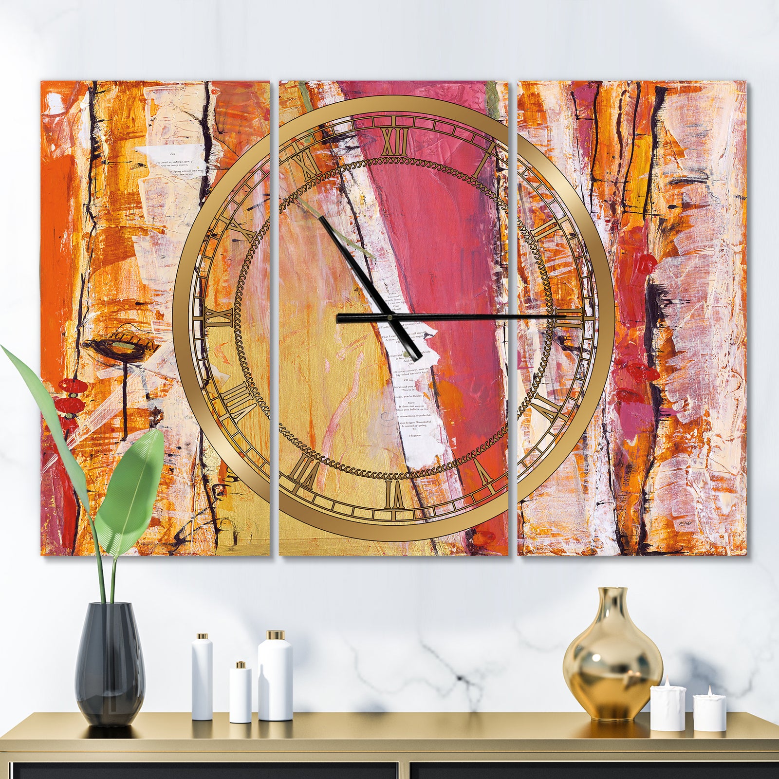 Orange Glam Natural Wood - Glam 3 Panels Oversized Wall CLock