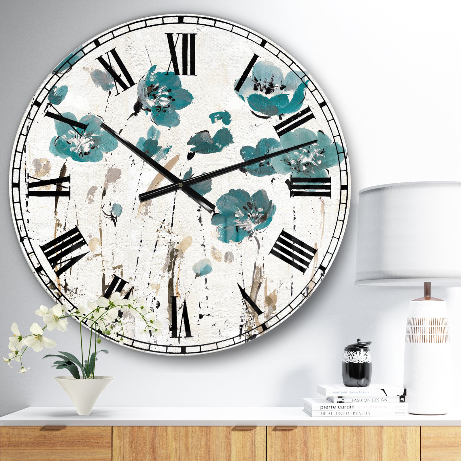 Fields of Turquoise Watercolor Flower II - Traditional Large Wall CLock