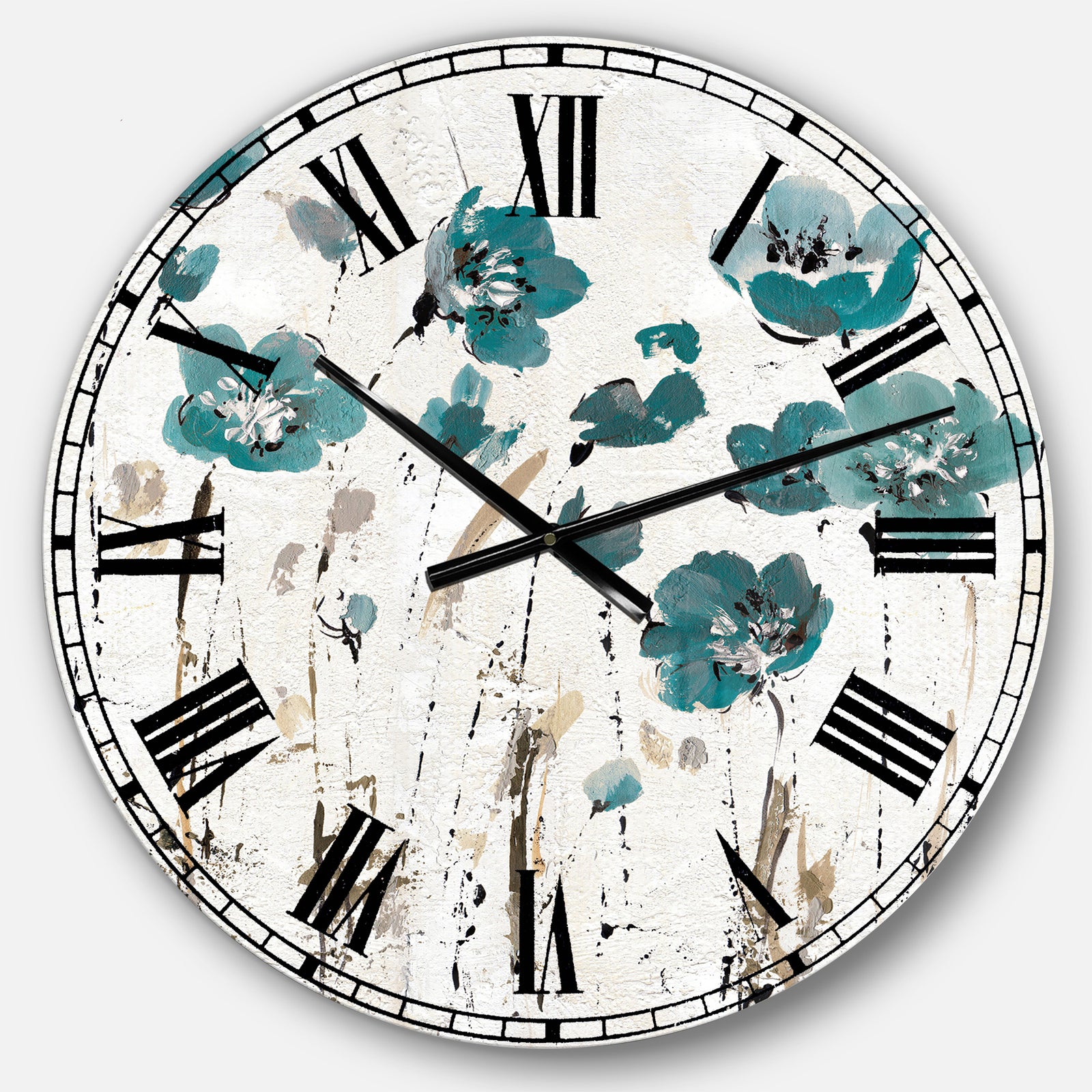 Fields of Turquoise Watercolor Flower II - Traditional Large Wall CLock