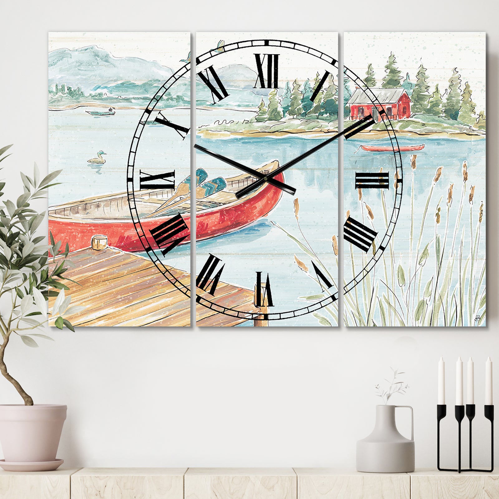 Lake House Canoes I - Cottage 3 Panels Large Wall CLock