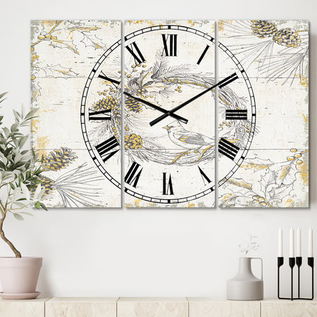 Gold Beautiful cardinals - Cottage 3 Panels Large Wall CLock